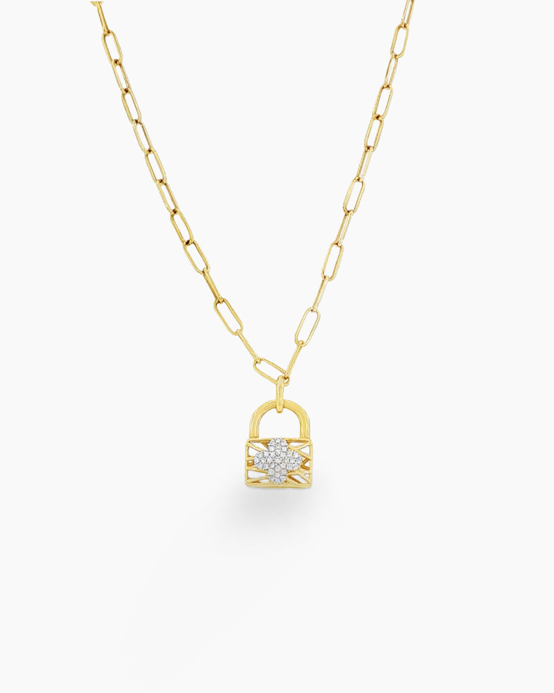 Charm of Fortune | Mini Diamond Clover Locket Pendant Paperclip Chain Necklace