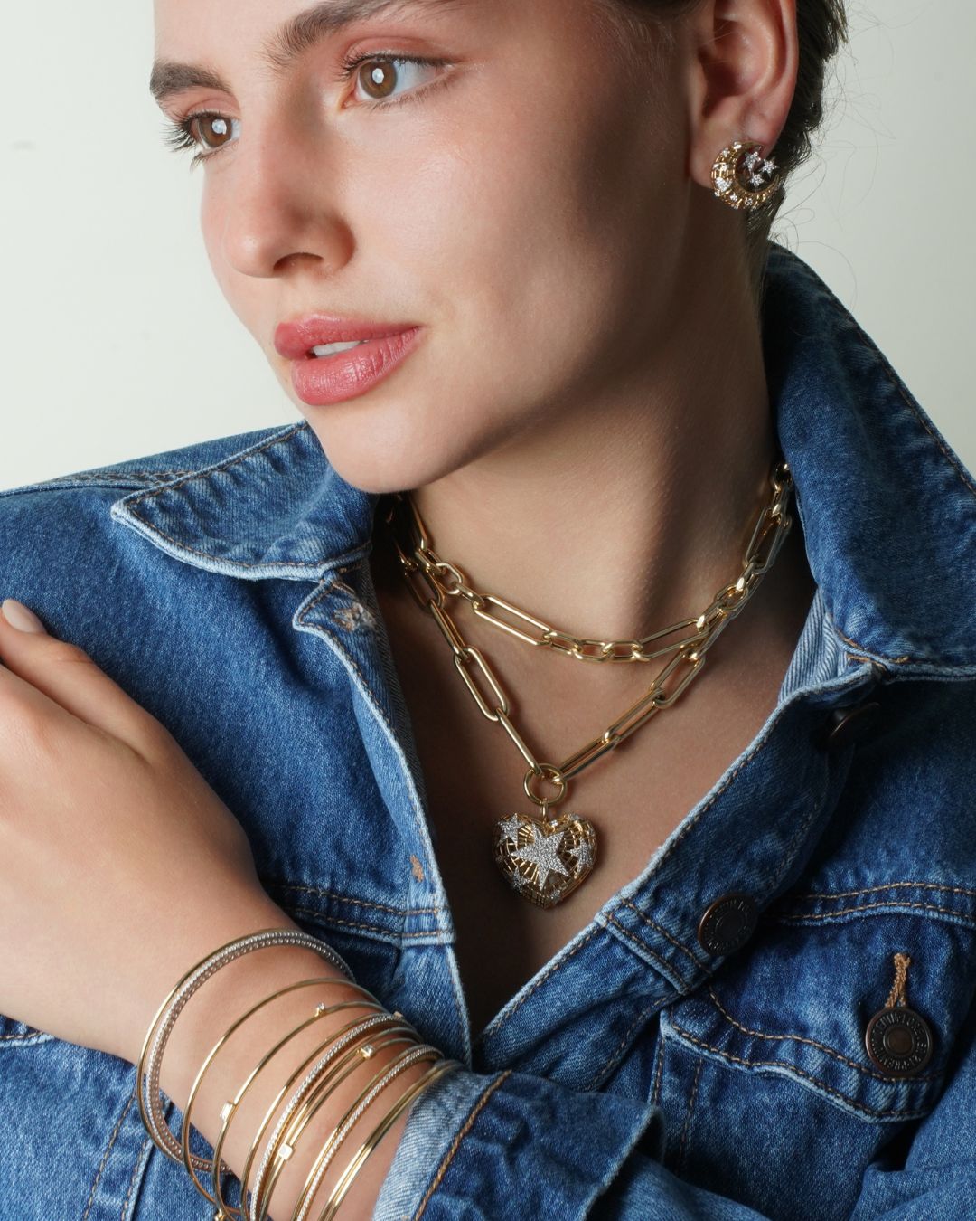 Cosmic Romance | Heart and Star Diamond Pendant Toggle Chain Necklace