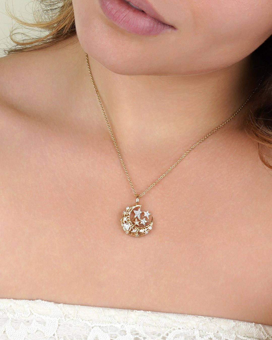 Galaxy Dream | Small Moon and Star Diamond Pendant Chain Necklace