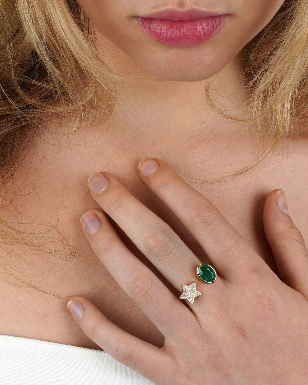 Emerald and Diamond Star Open Ring