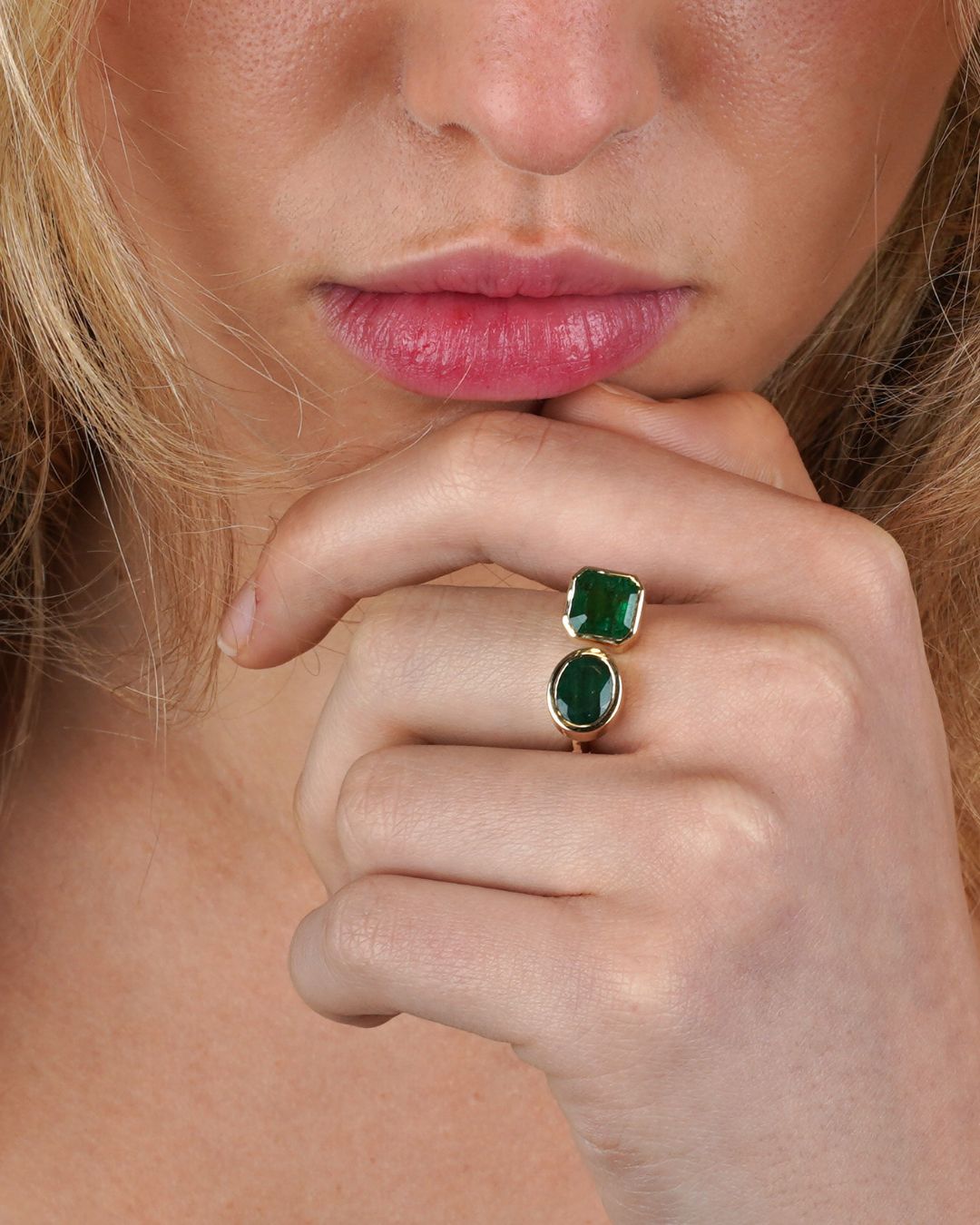Square and Oval Bezel Open Emerald Ring
