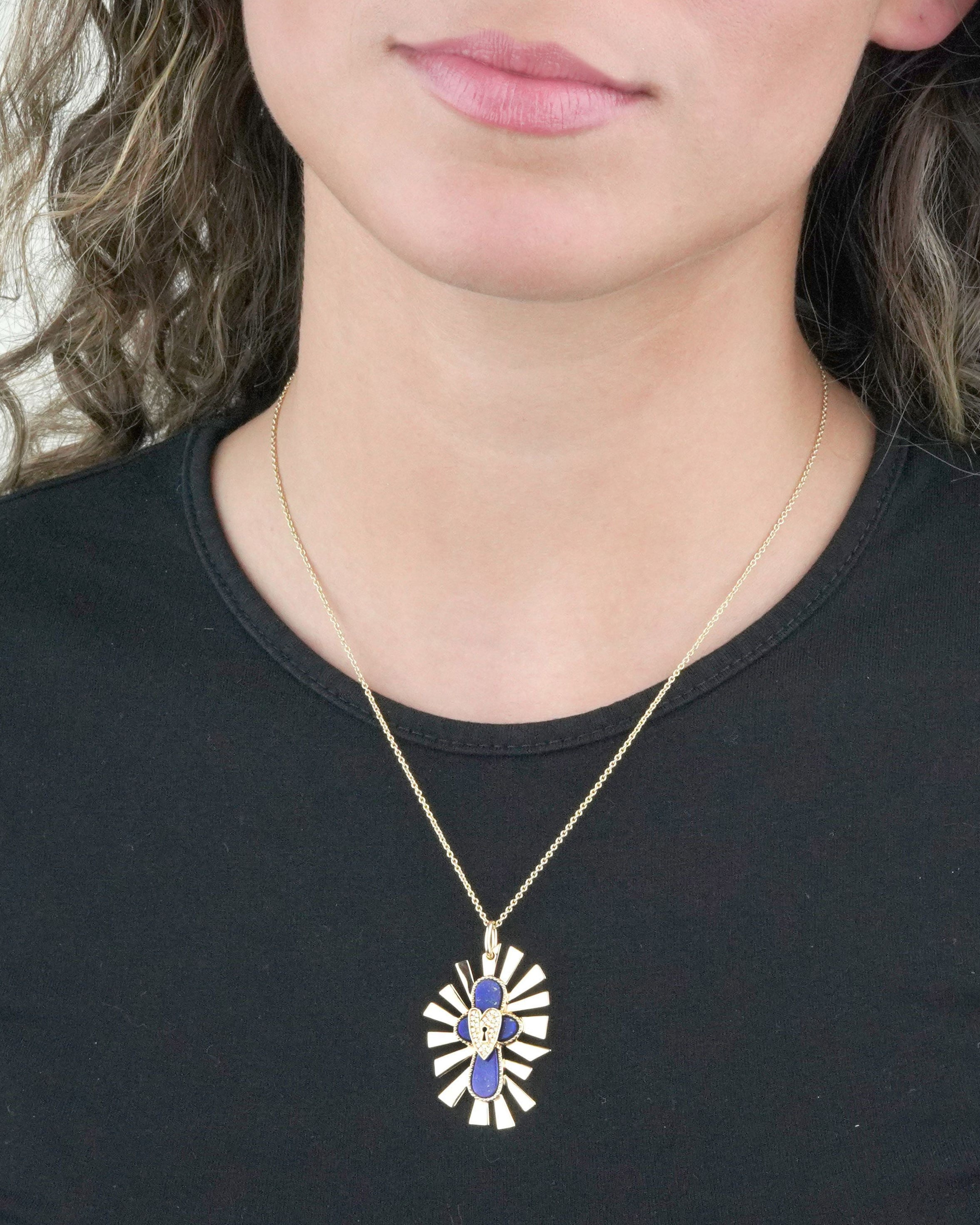 Blue Lapis and Diamond Cross Pendant Statement Necklace