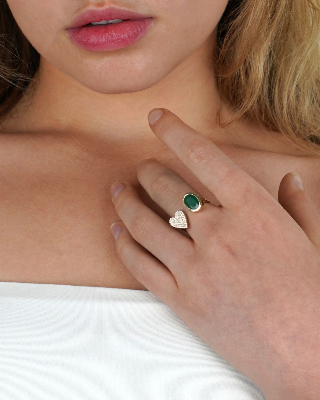 Emerald and Diamond Heart Open Ring