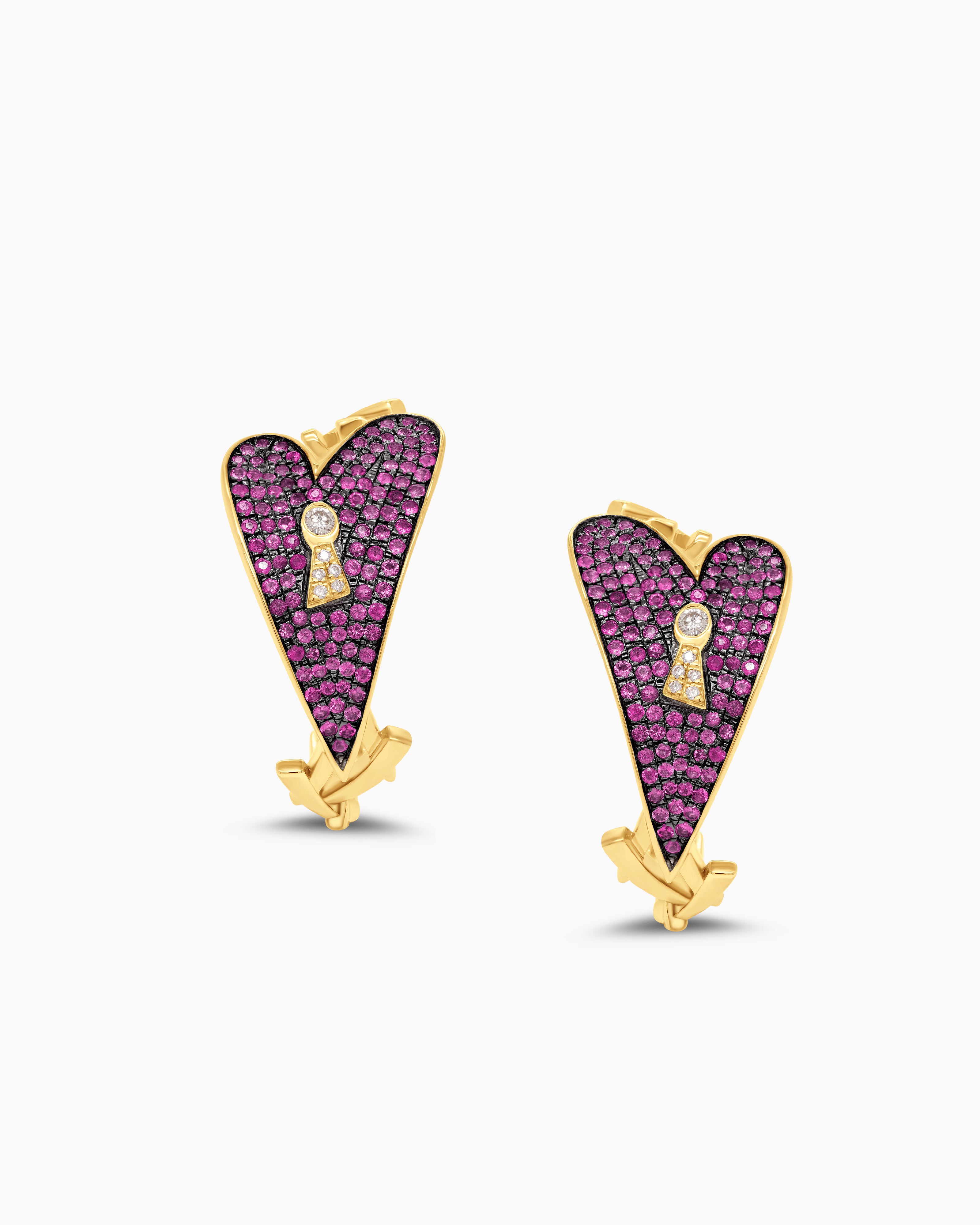 Pave Gemstone Heart Hoop Earrings