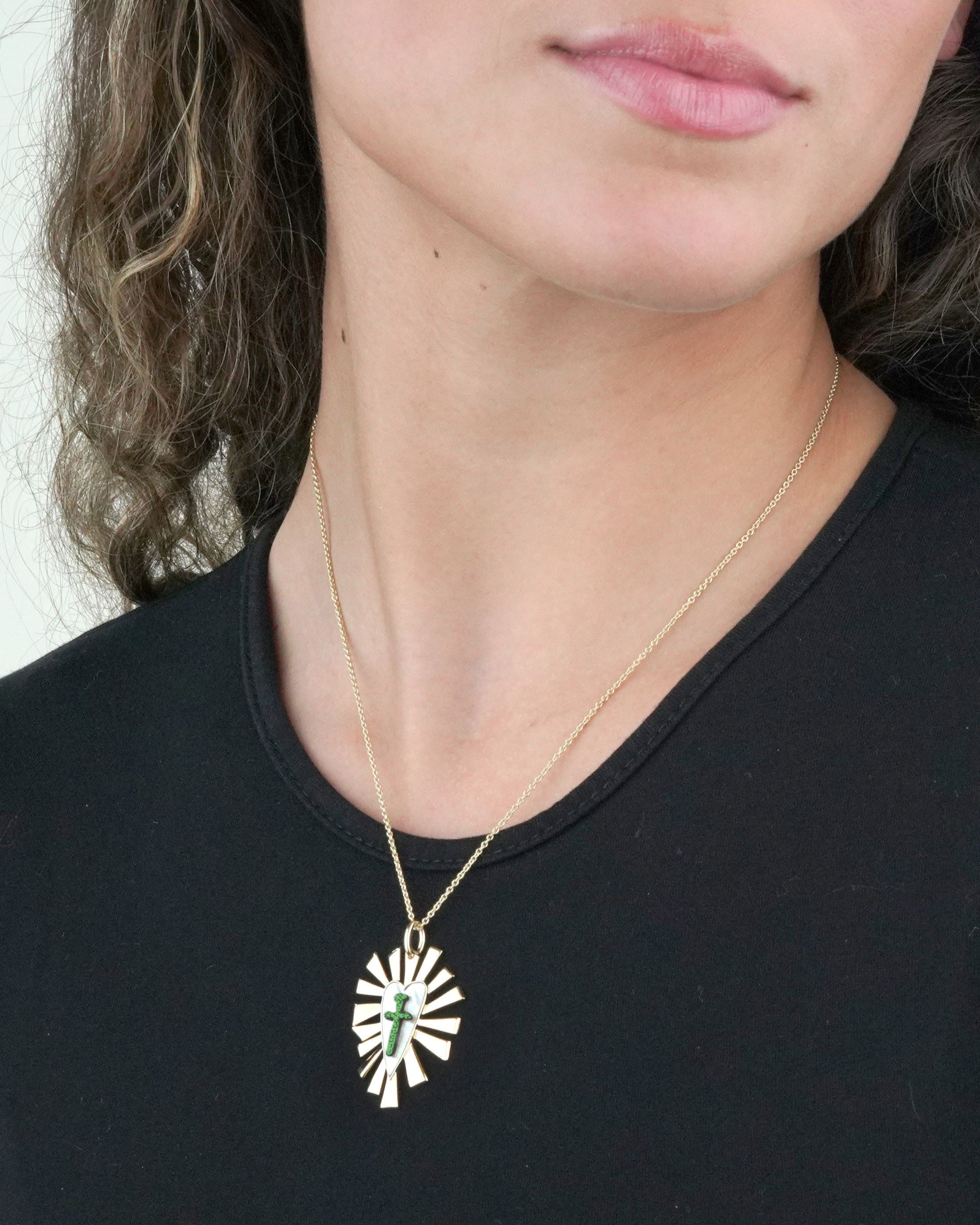 Mother-of-Pearl and Emerald Heart Pendant Necklace
