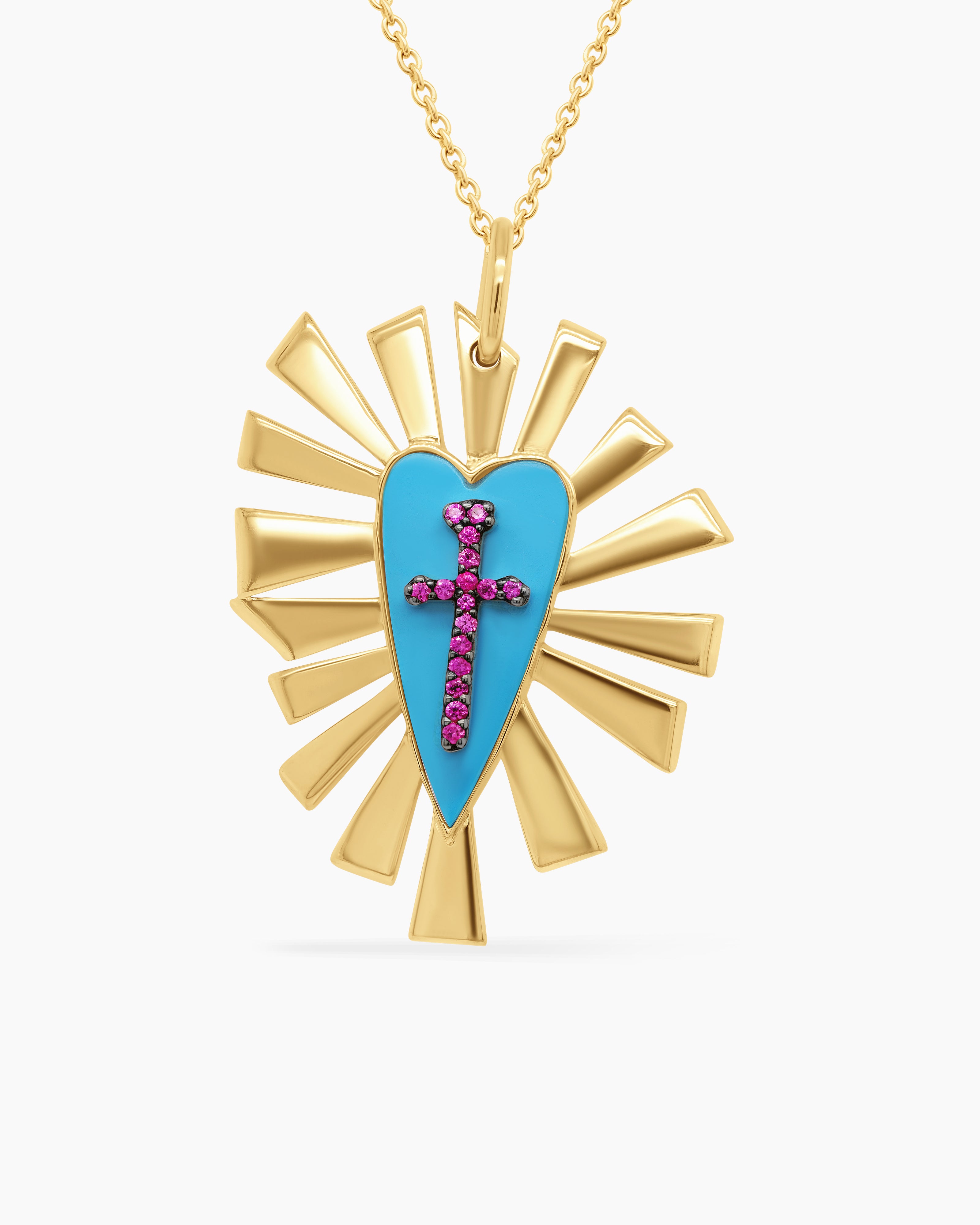 Turquoise and Pink Sapphire Heart Pendant Necklace