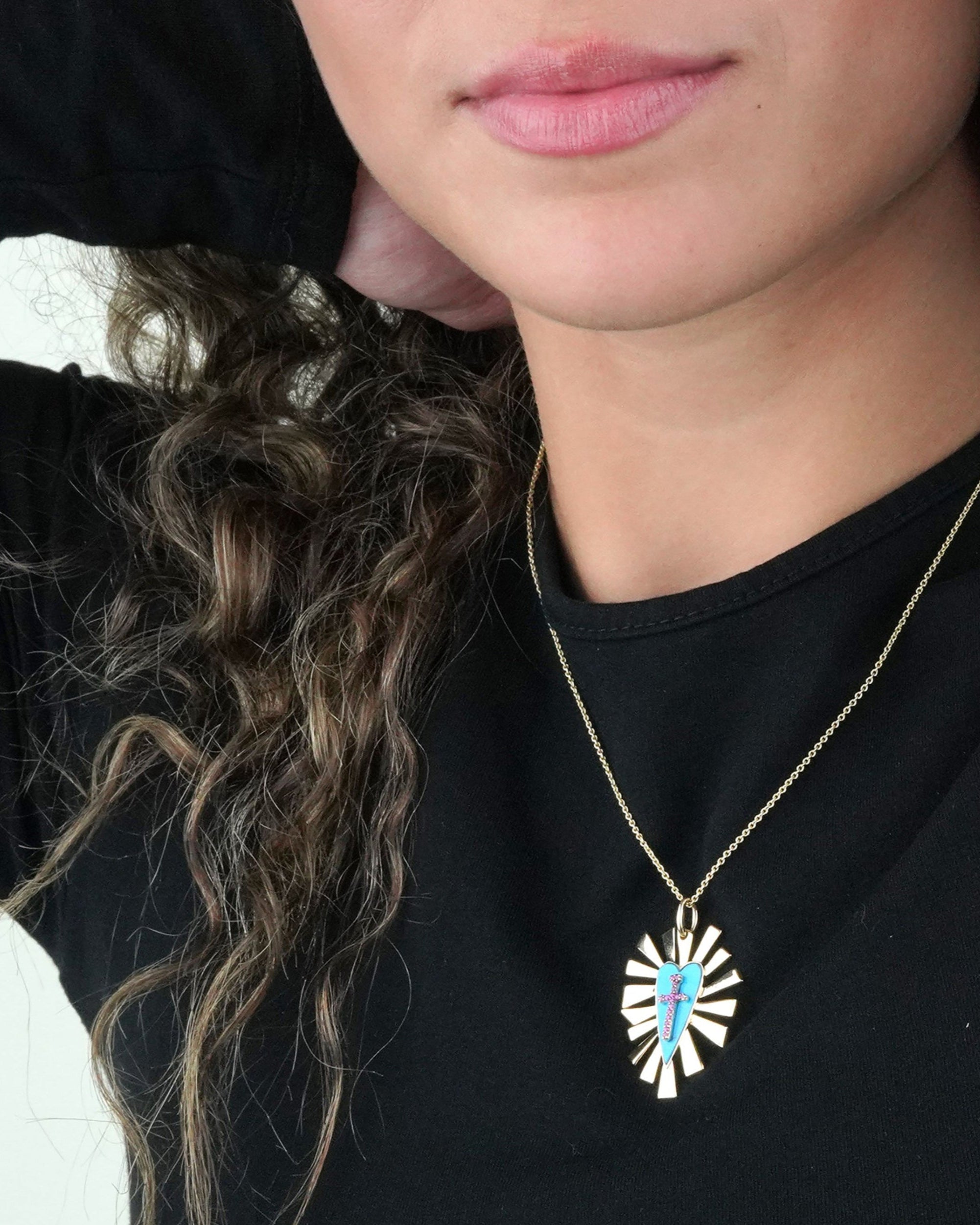 Turquoise and Pink Sapphire Heart Pendant Necklace