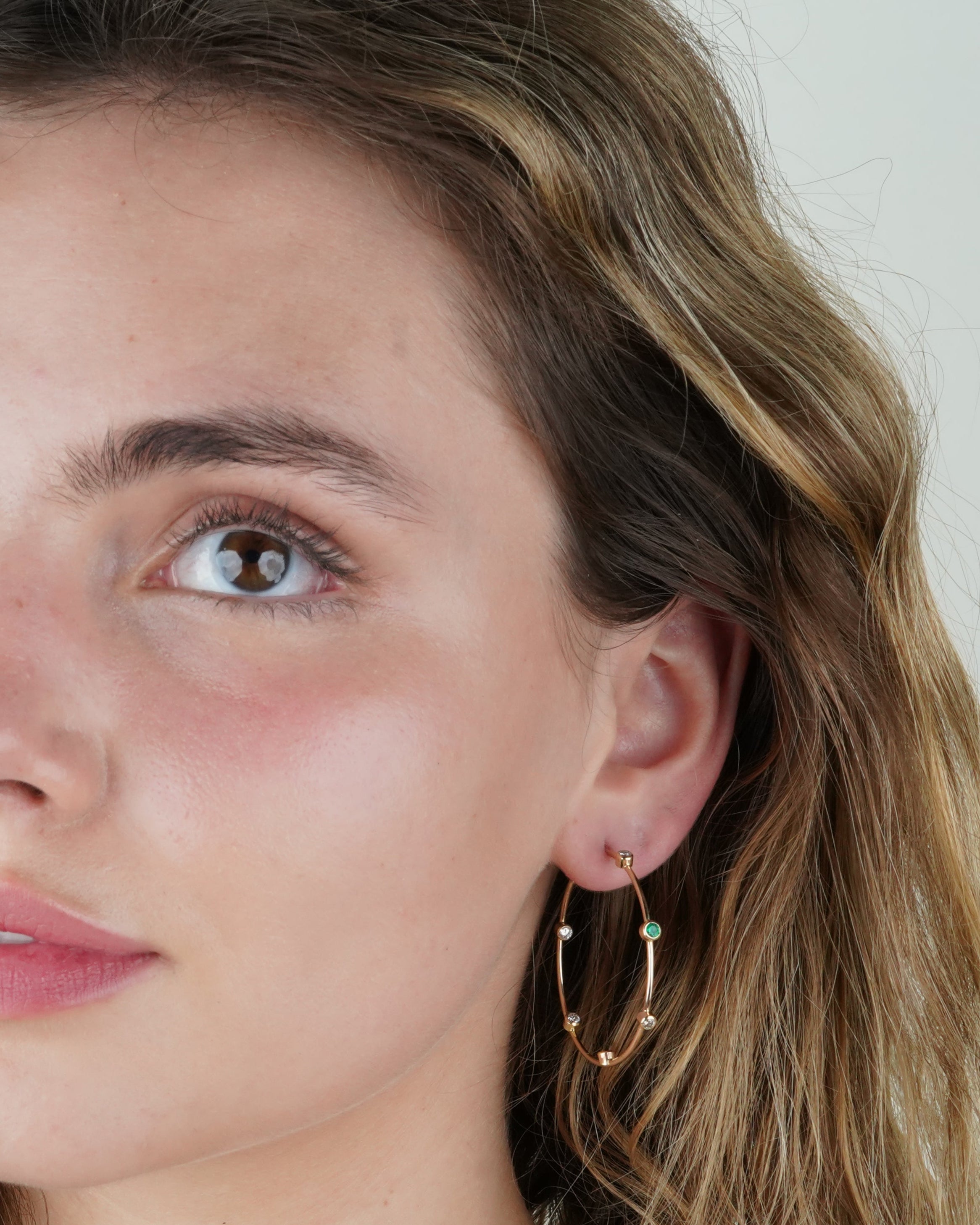 Medium Diamond and Emerald Hoop Earrings
