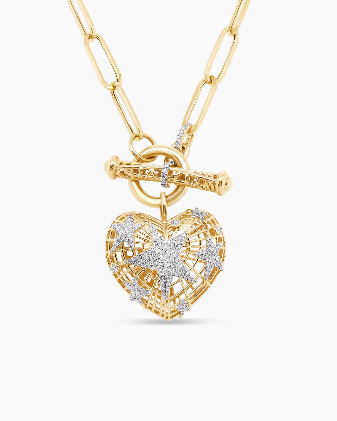 Cosmic Romance | Heart and Star Diamond Pendant Toggle Chain Necklace