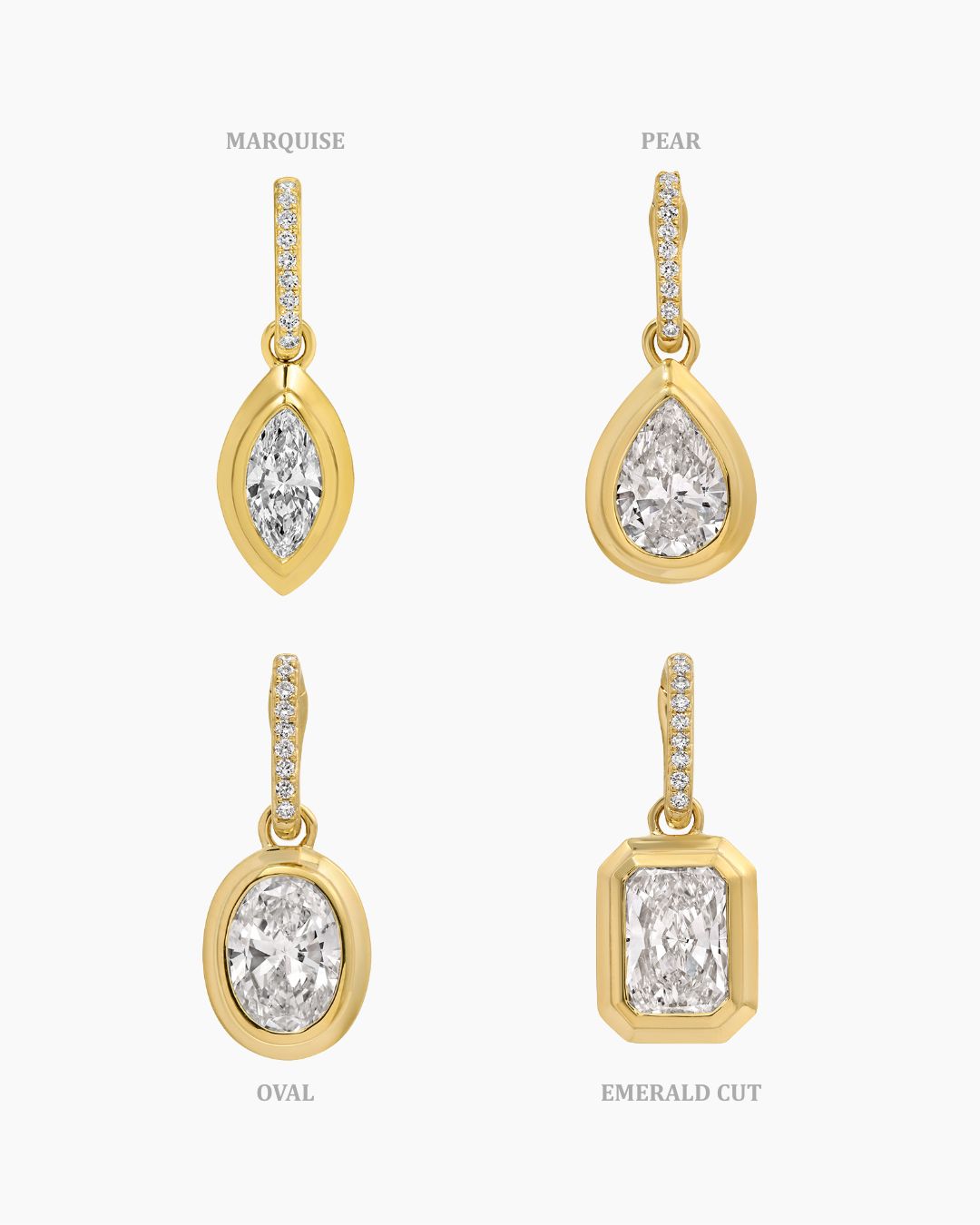 Four yellow gold charm pendants Marquise, Pear, Oval, and Emerald Cut, each with a diamond in a different shape.