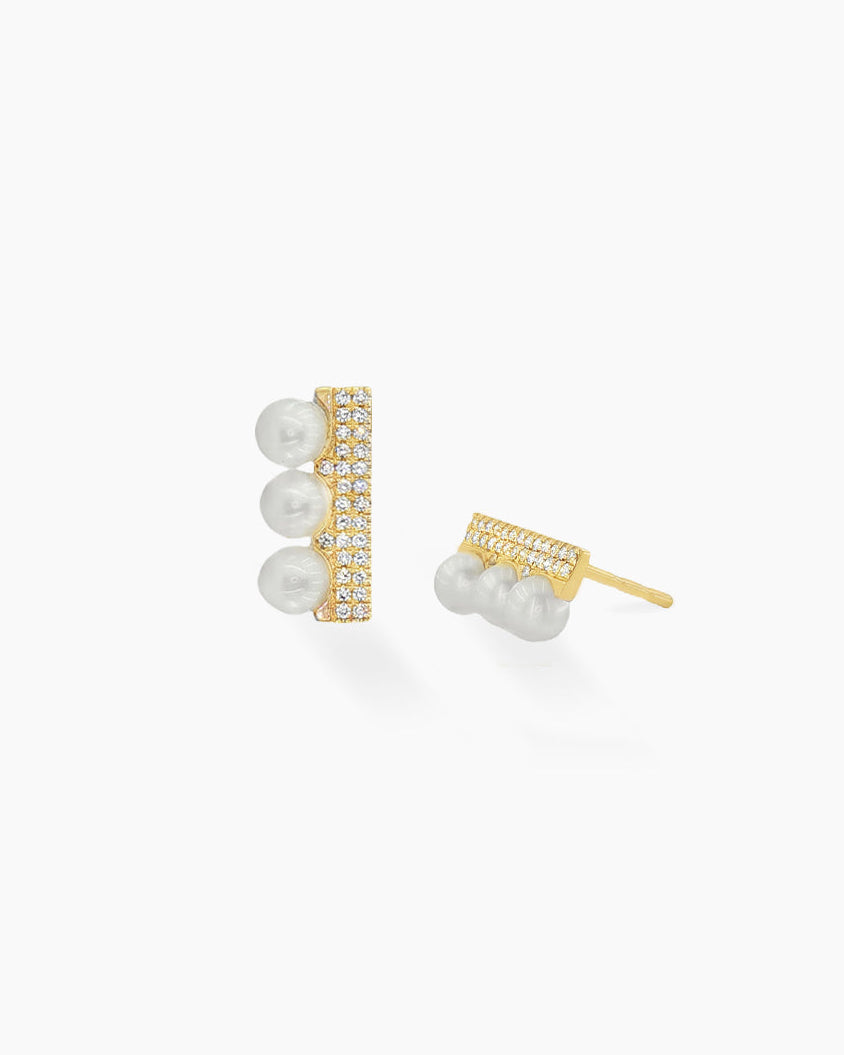 Lina | Pearl and Diamond Bar Stud Earrings
