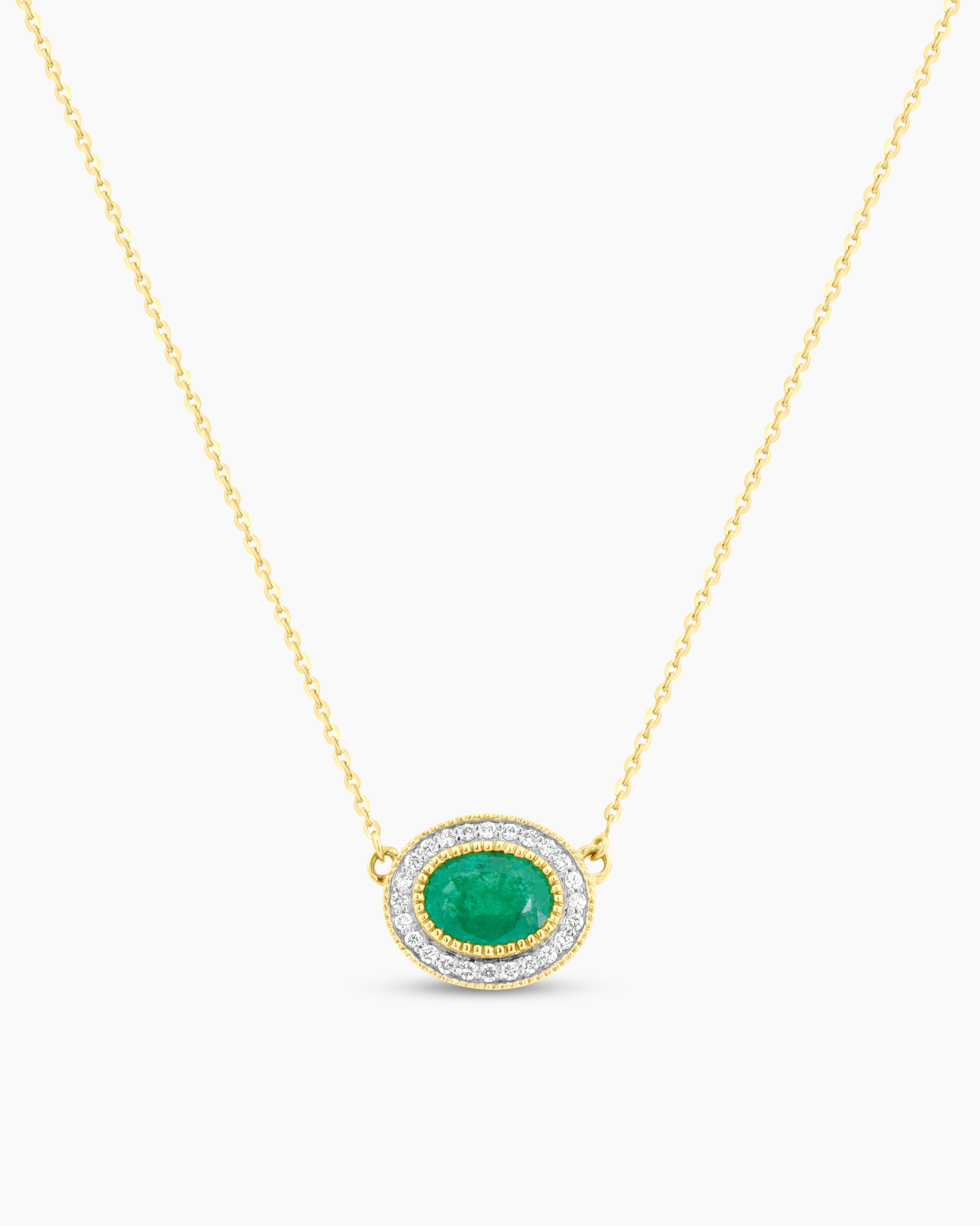 Yellow Gold Emerald and Diamond Oval Cut Pendant Chain Necklace