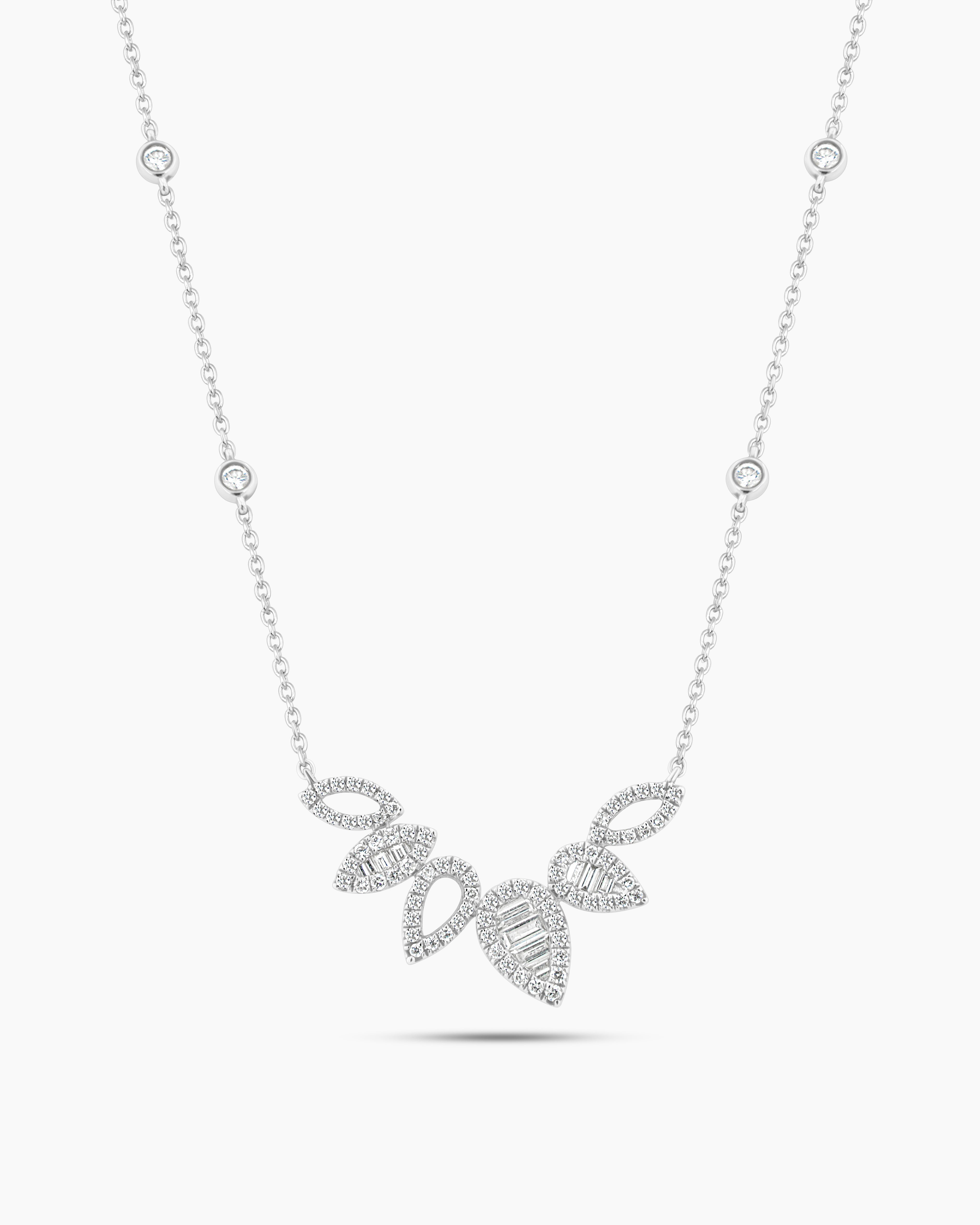 White Gold Diamond Baguette Teardrop Pendant on a Diamond Bezel Chain Necklace