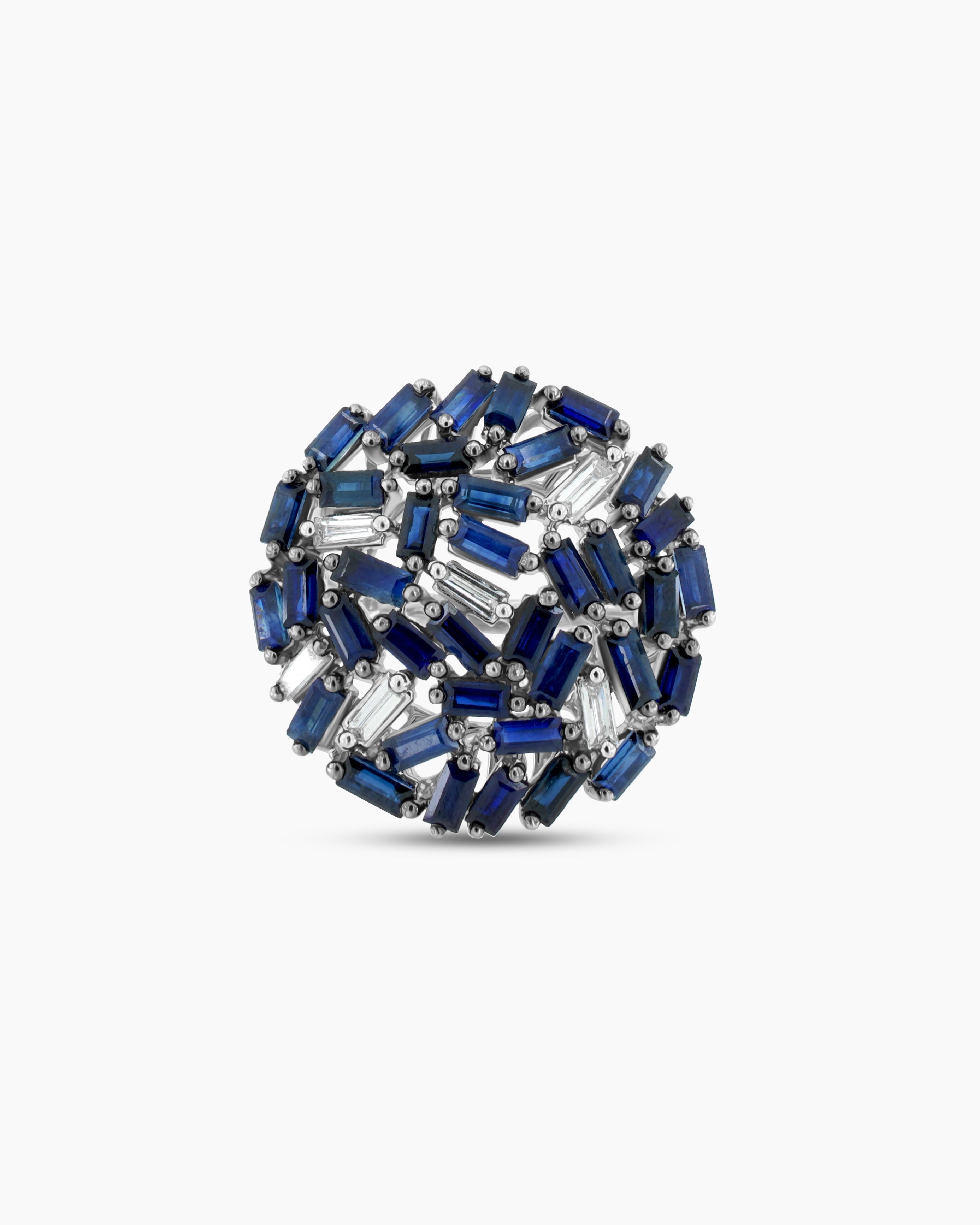 White Gold Diamond and Blue Sapphire Baguette Statement Ring
