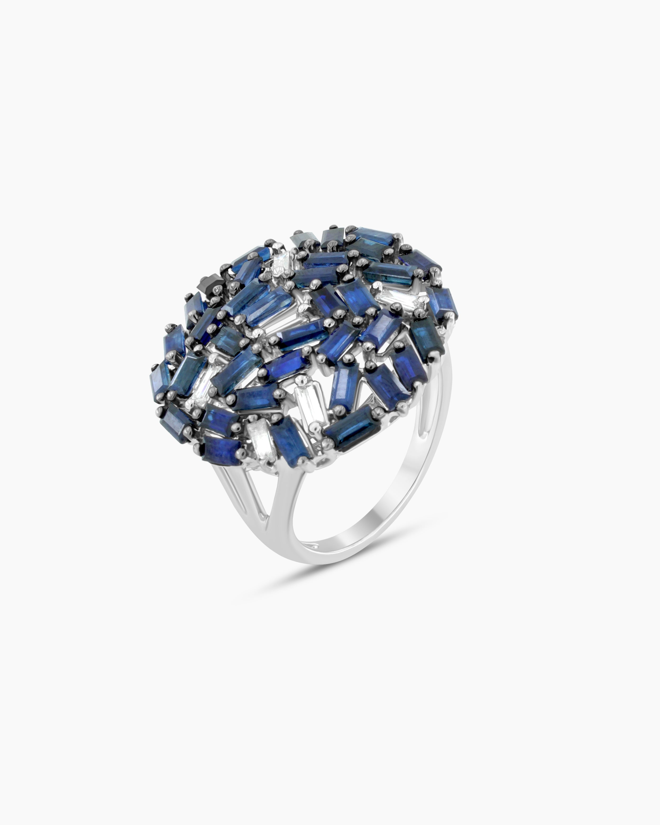 White Gold Diamond and Blue Sapphire Baguette Statement Ring
