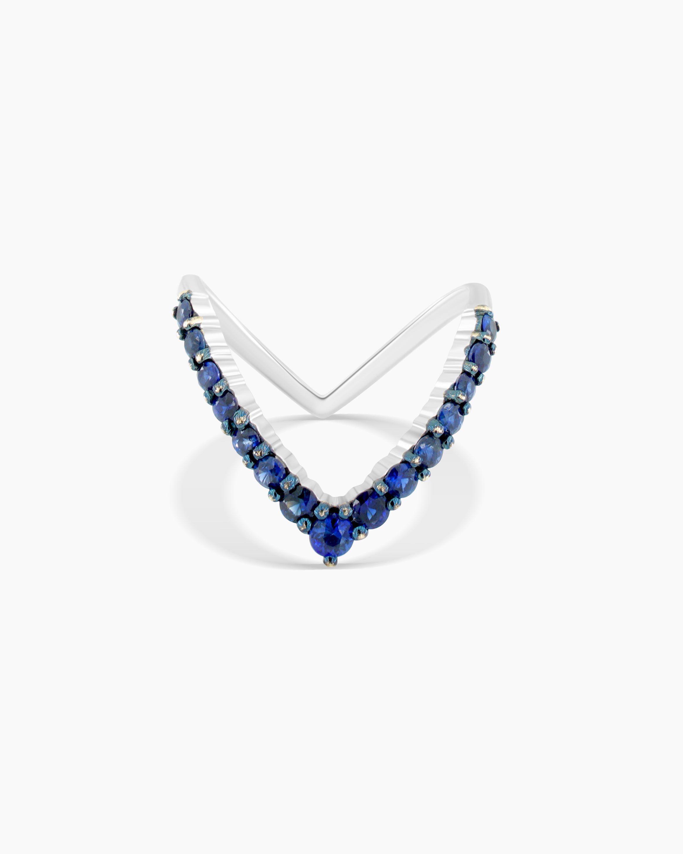 White Gold Blue Sapphire V-Shape Ring