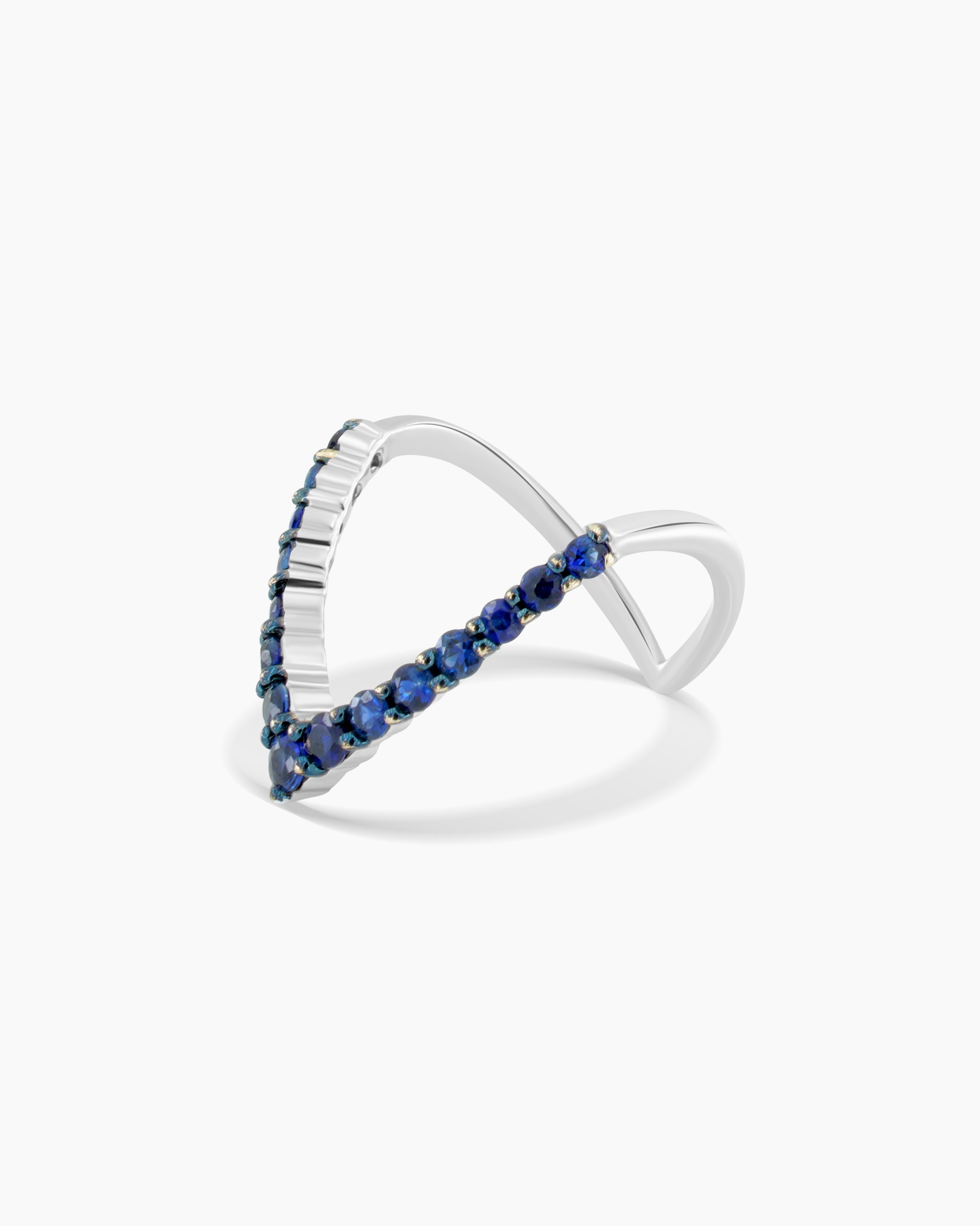 White Gold Blue Sapphire V-Shape Ring