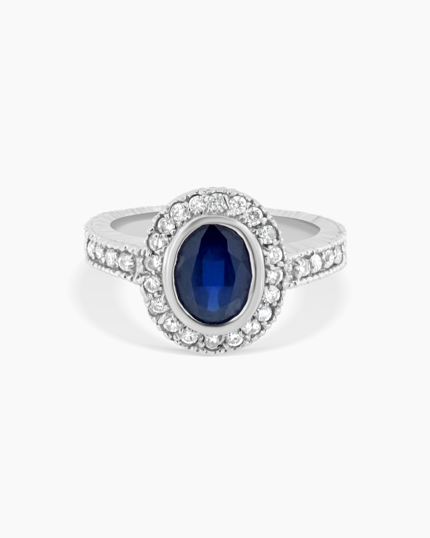 White Gold Blue Sapphire and Diamond Oval Cut Ring