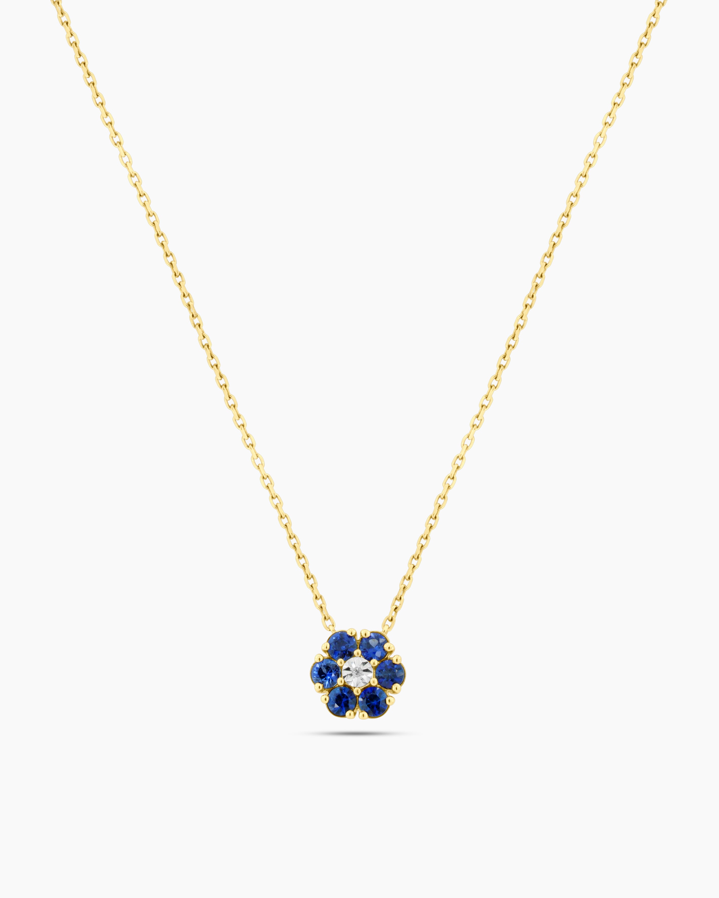Yellow Gold Blue Sapphire Flower Pendant Chain Necklace