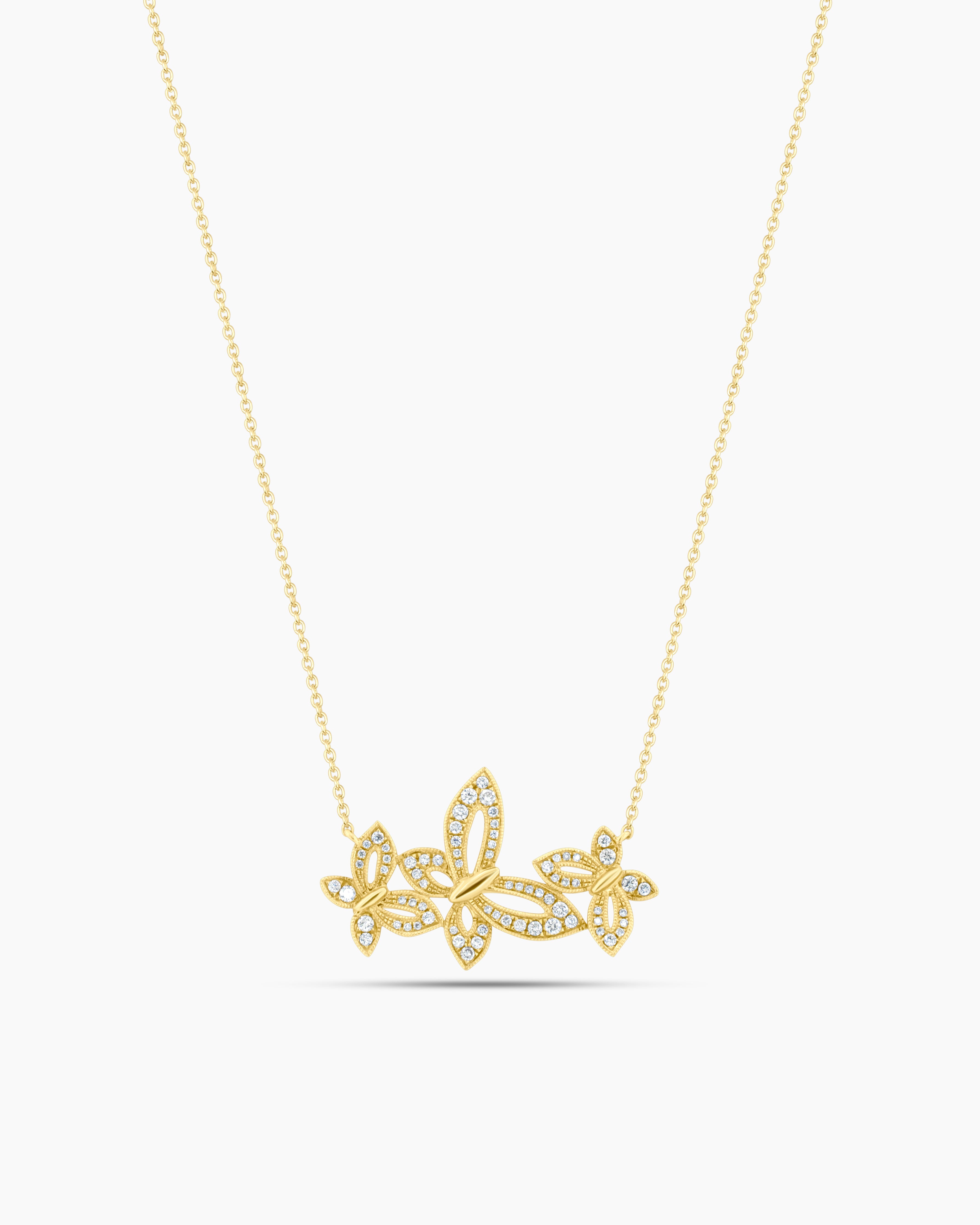 Yellow Gold Diamond Butterfly Trio Pendant Chain Necklace