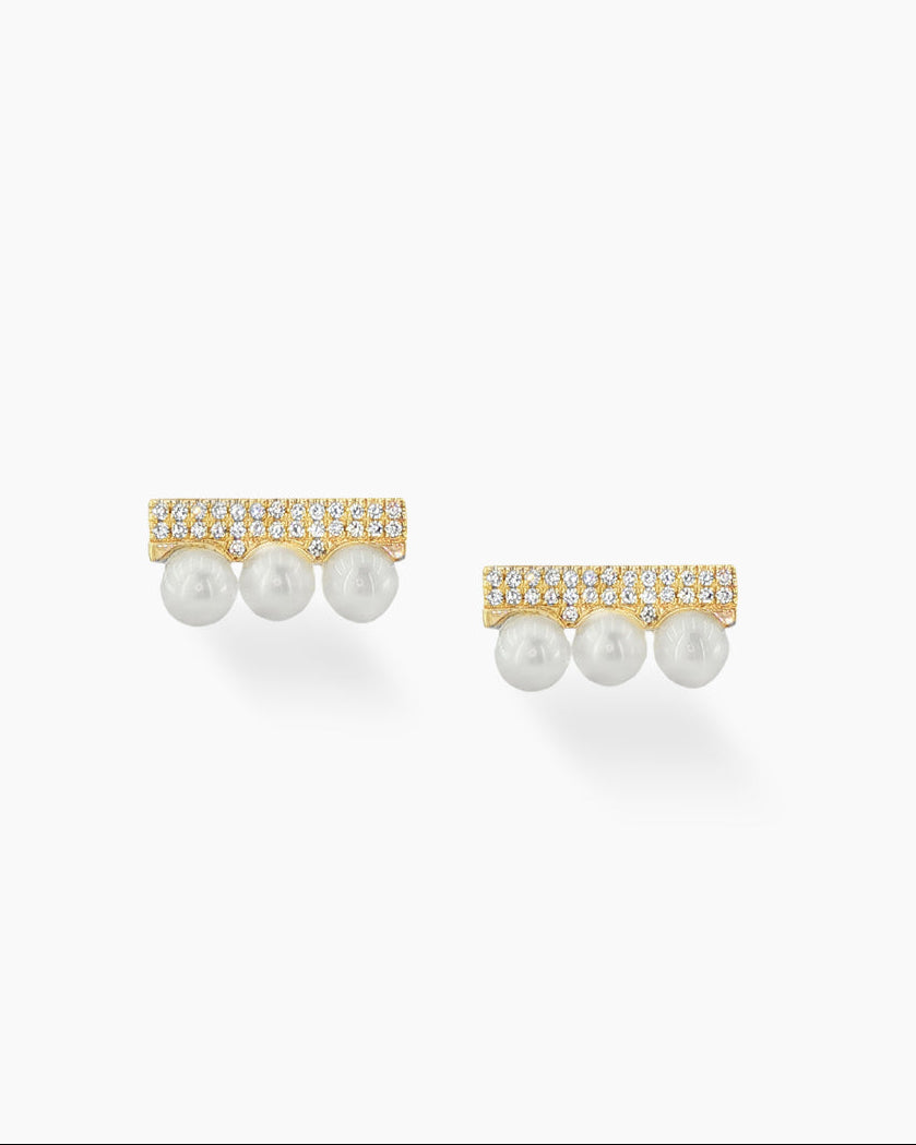 Lina | Pearl and Diamond Bar Stud Earrings
