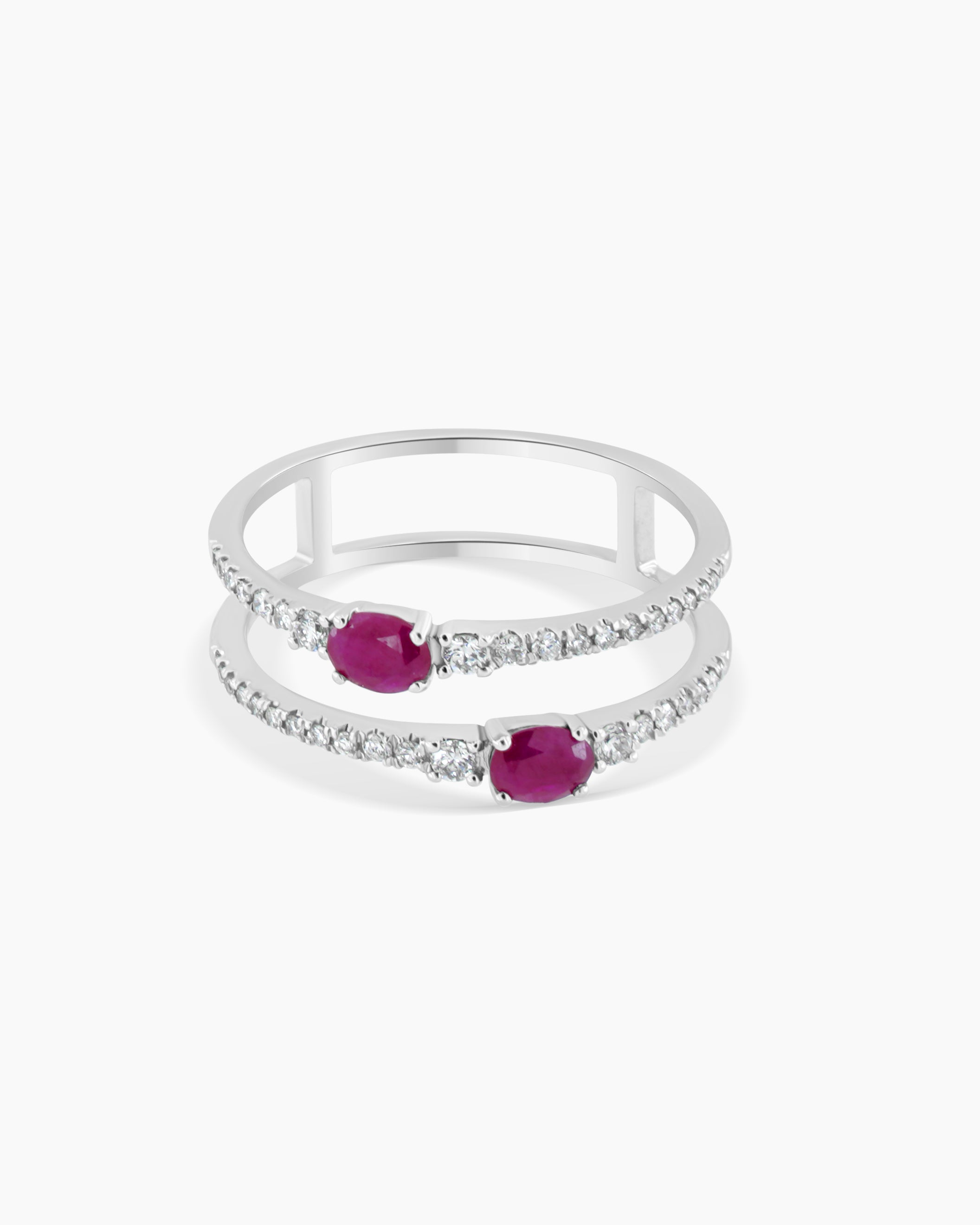 White Gold Ruby and Diamond Double Band Ring