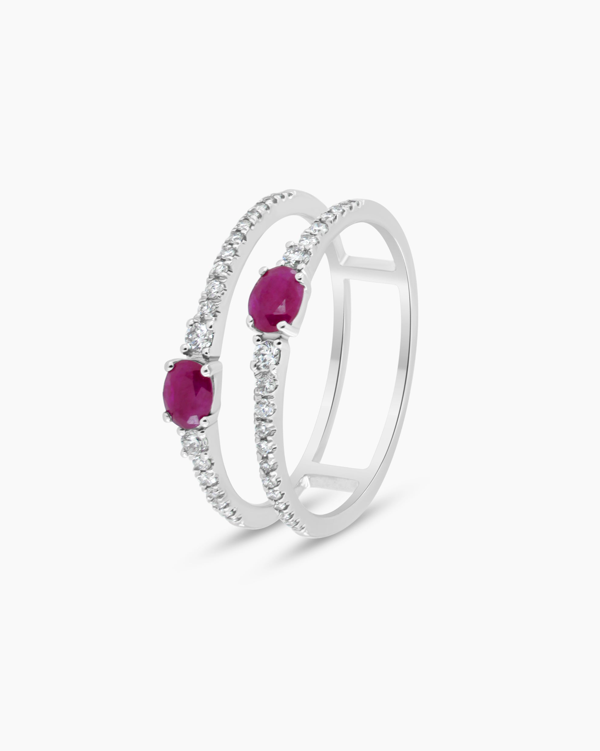White Gold Ruby and Diamond Double Band Ring