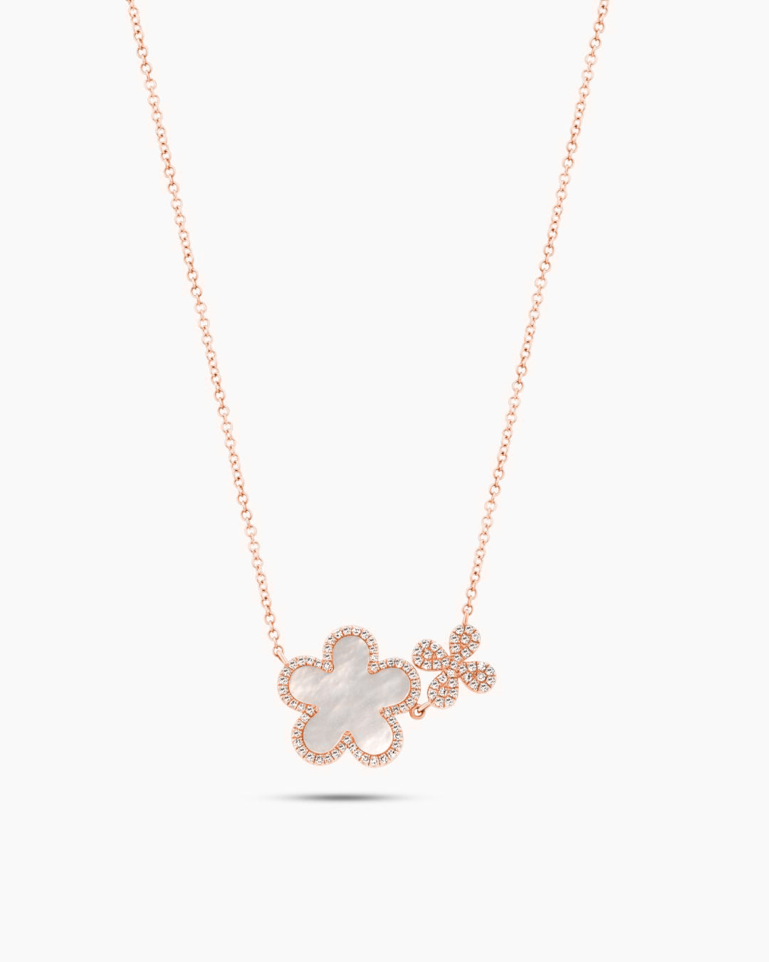 Rose Gold Mother of Pearl and Diamond Flower Pendant Chain Necklace