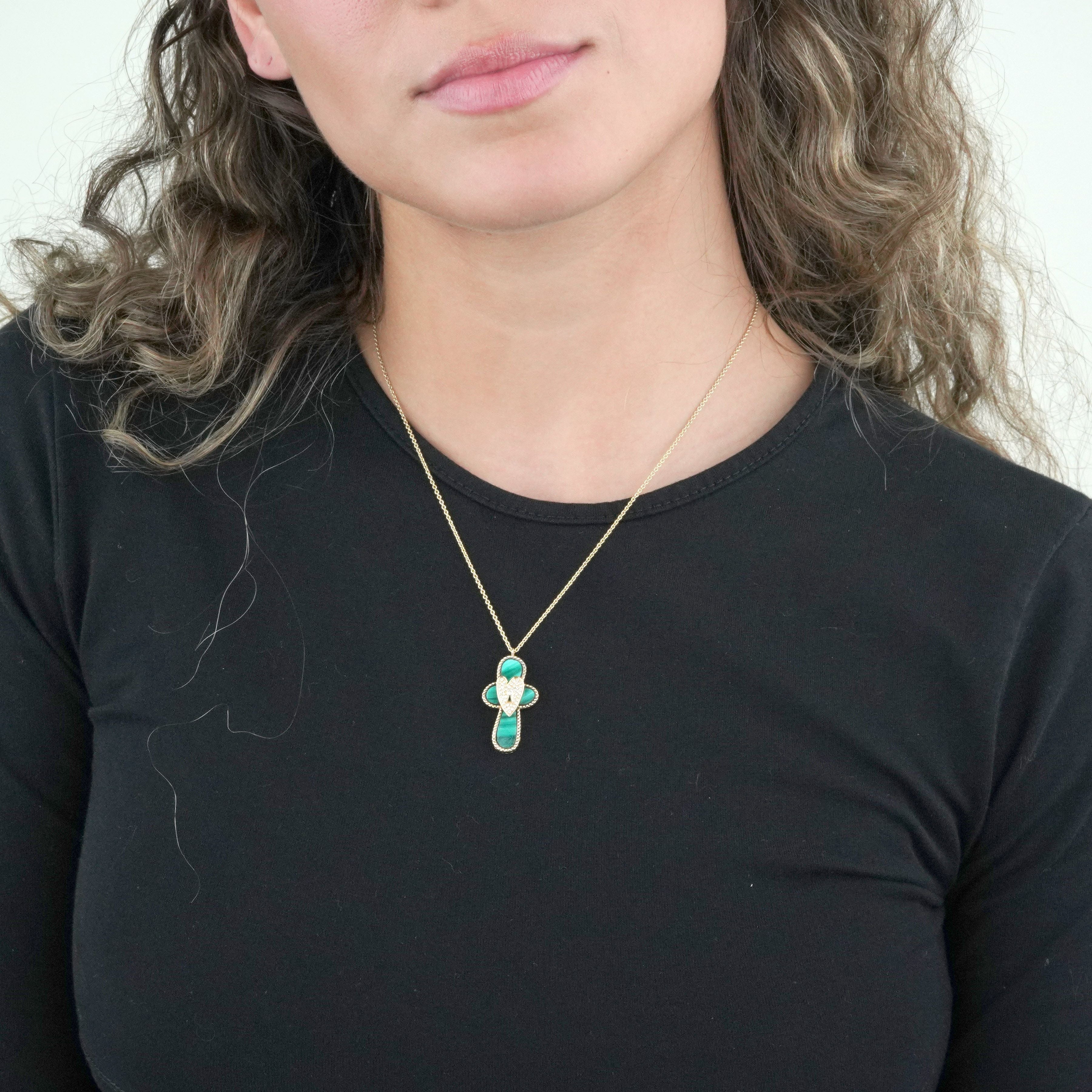 Malachite and Diamond Cross Pendant Necklace