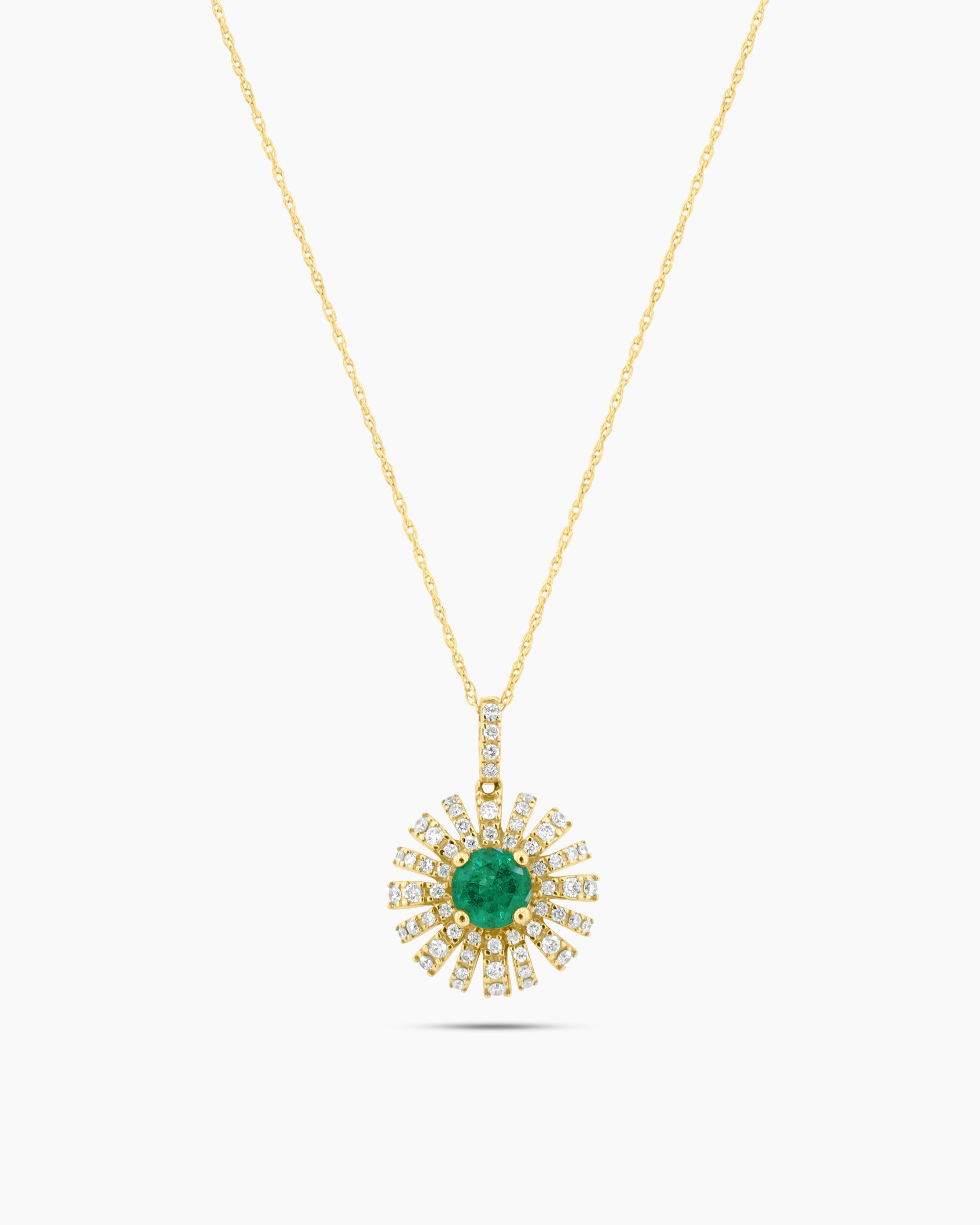 Yellow Gold Emerald and Diamond Pendant Chain Necklace