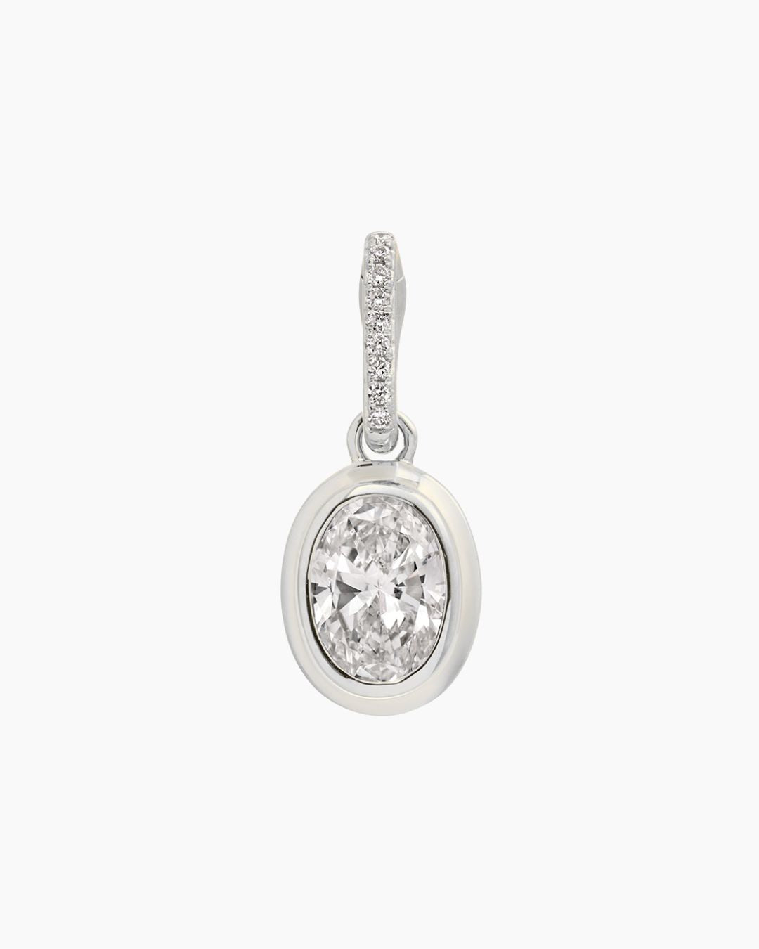 A white gold oval pendant featuring a central marquise-cut diamond in a bezel setting, with a pavé-set white gold bail at the top, shown on a plain light gray background.