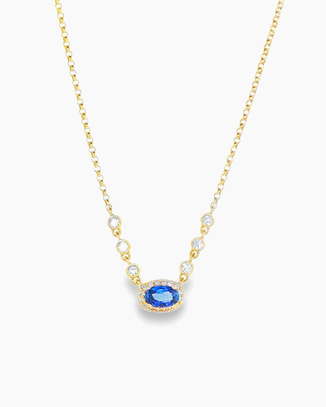 Yellow Gold Sapphire and Diamond Oval Cut Pendant Chain Necklace