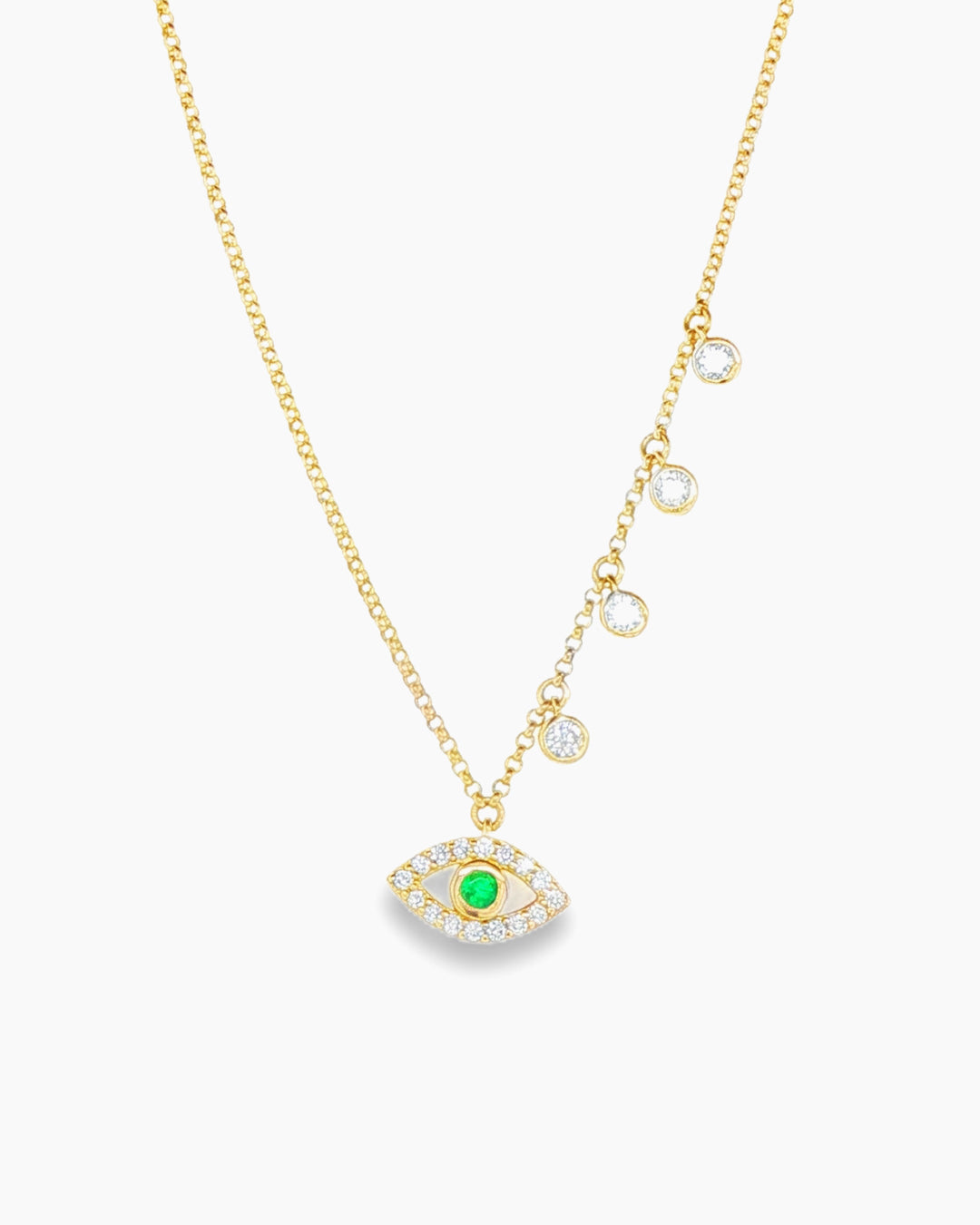 Yellow Gold Emerald Evil Eye with Diamond Bezel Pendant Chain Necklace
