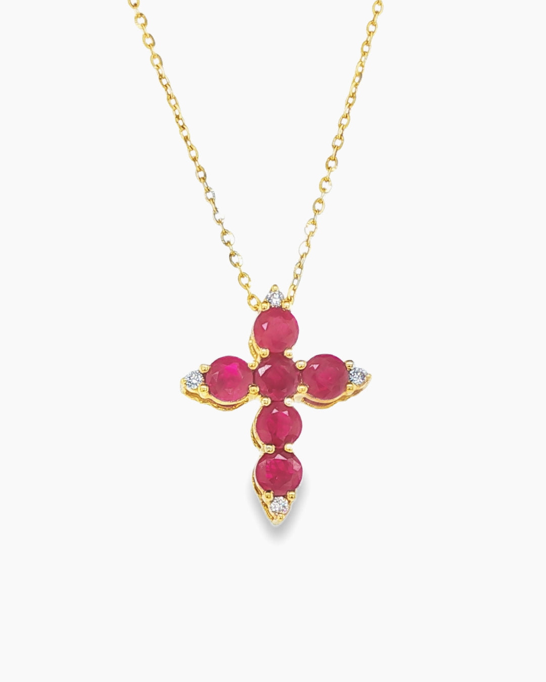 Yellow Gold Ruby and Diamond Cross Pendant Chain Necklace