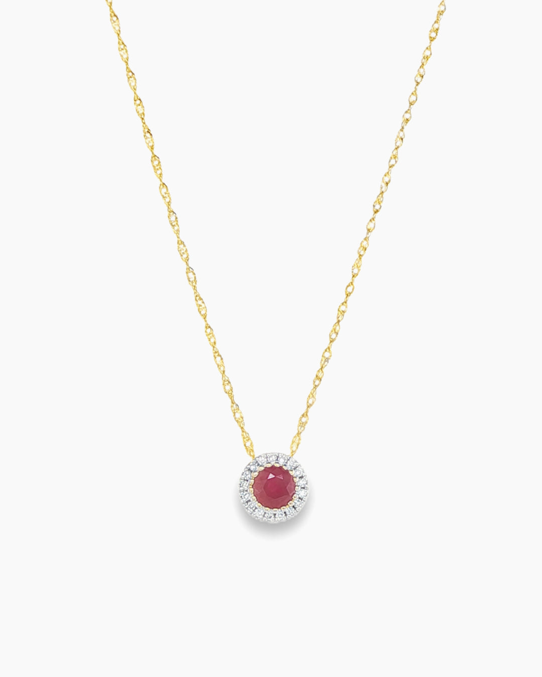 Yellow Gold Ruby and Diamond Pendant Chain Necklace