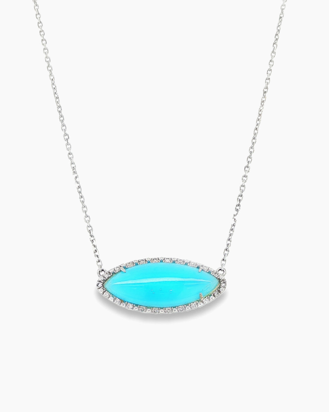 White Gold Turquoise and Diamond Marquise Pendant Chain Necklace