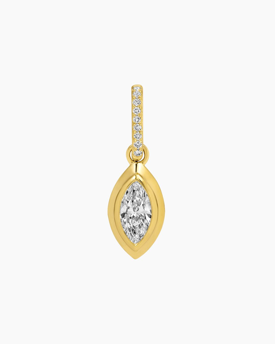 A yellow gold pendant featuring a marquise-cut diamond in the center, with a vertical bar above it adorned with small round-cut stones