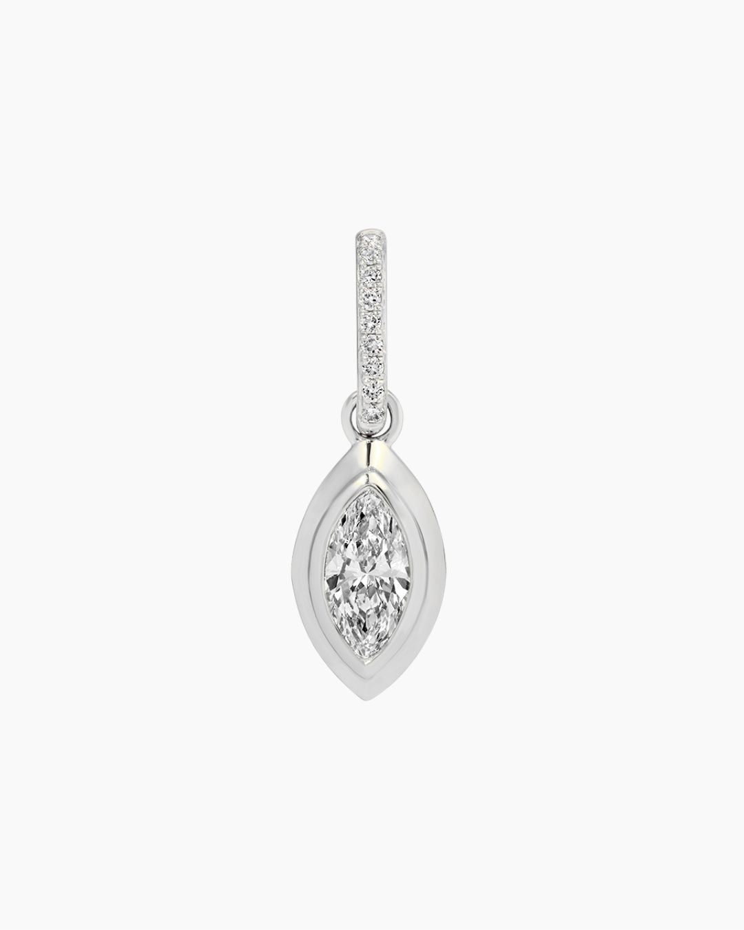 A white gold marquise-shaped pendant charm featuring a central marquise-cut diamond and a pavé-set bail at the top, shown on a plain light gray background.