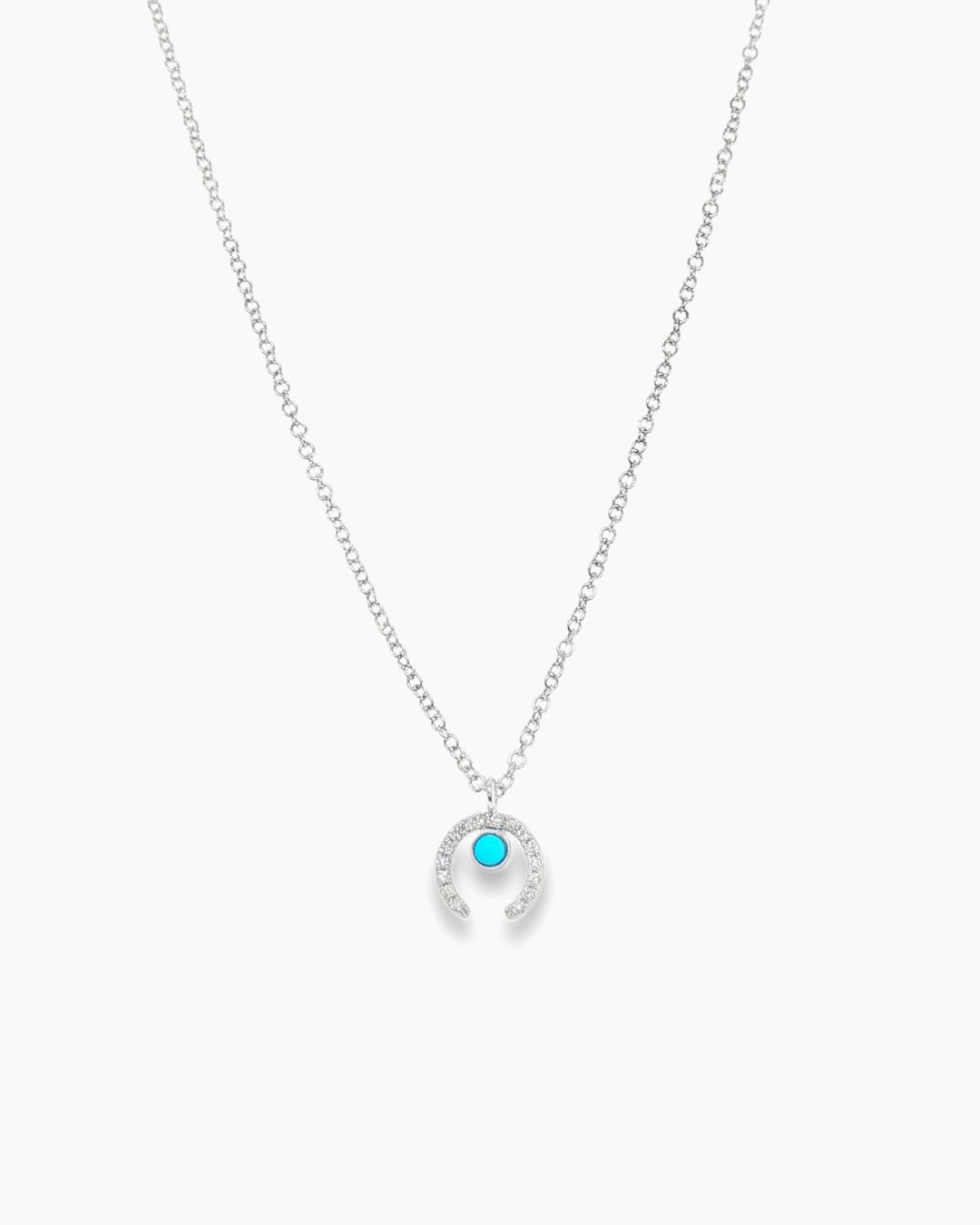 White Gold Turquoise and Diamond Horse Shoe Pendant Chain Necklace