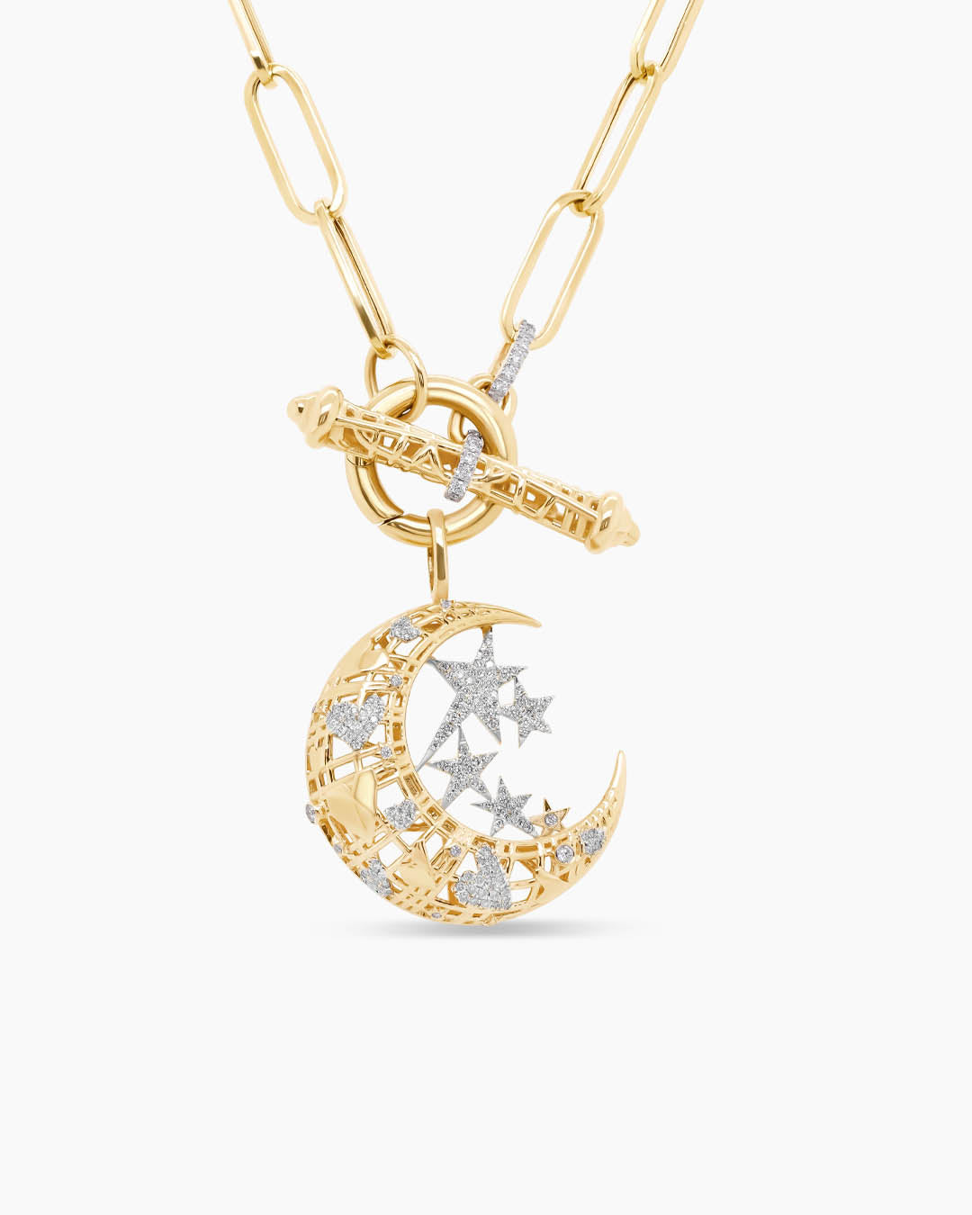 Galaxy Dream | Large Moon and Star Diamond Pendant Toggle Chain Necklace