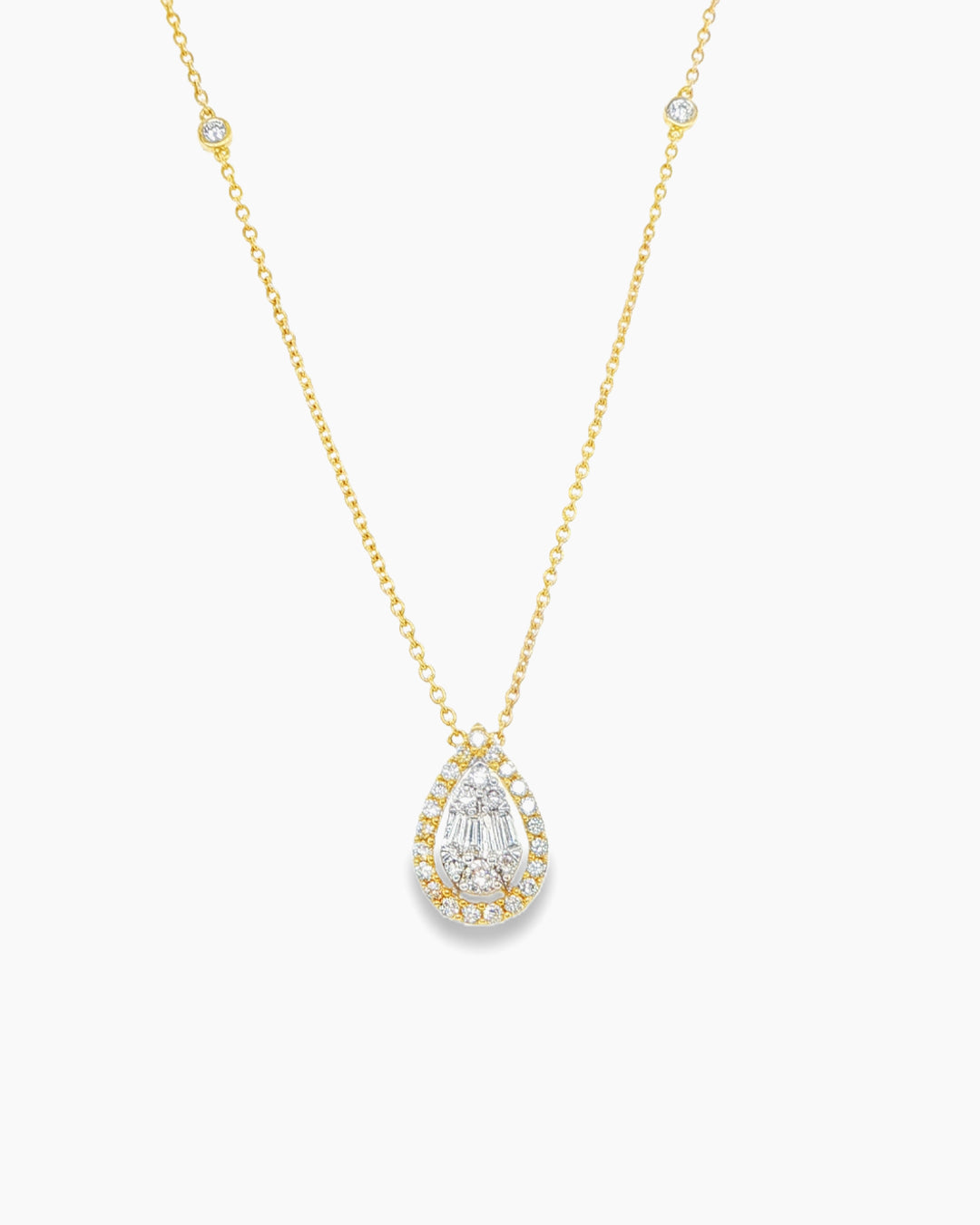 Yellow Gold Diamond Teardrop Pendant on a Diamond Bezel Chain Necklace