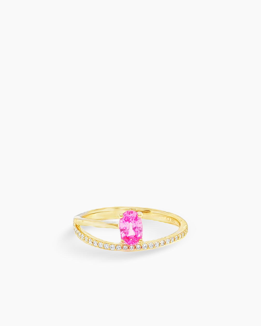 Yellow Gold Pink Sapphire Diamond Split Band Ring