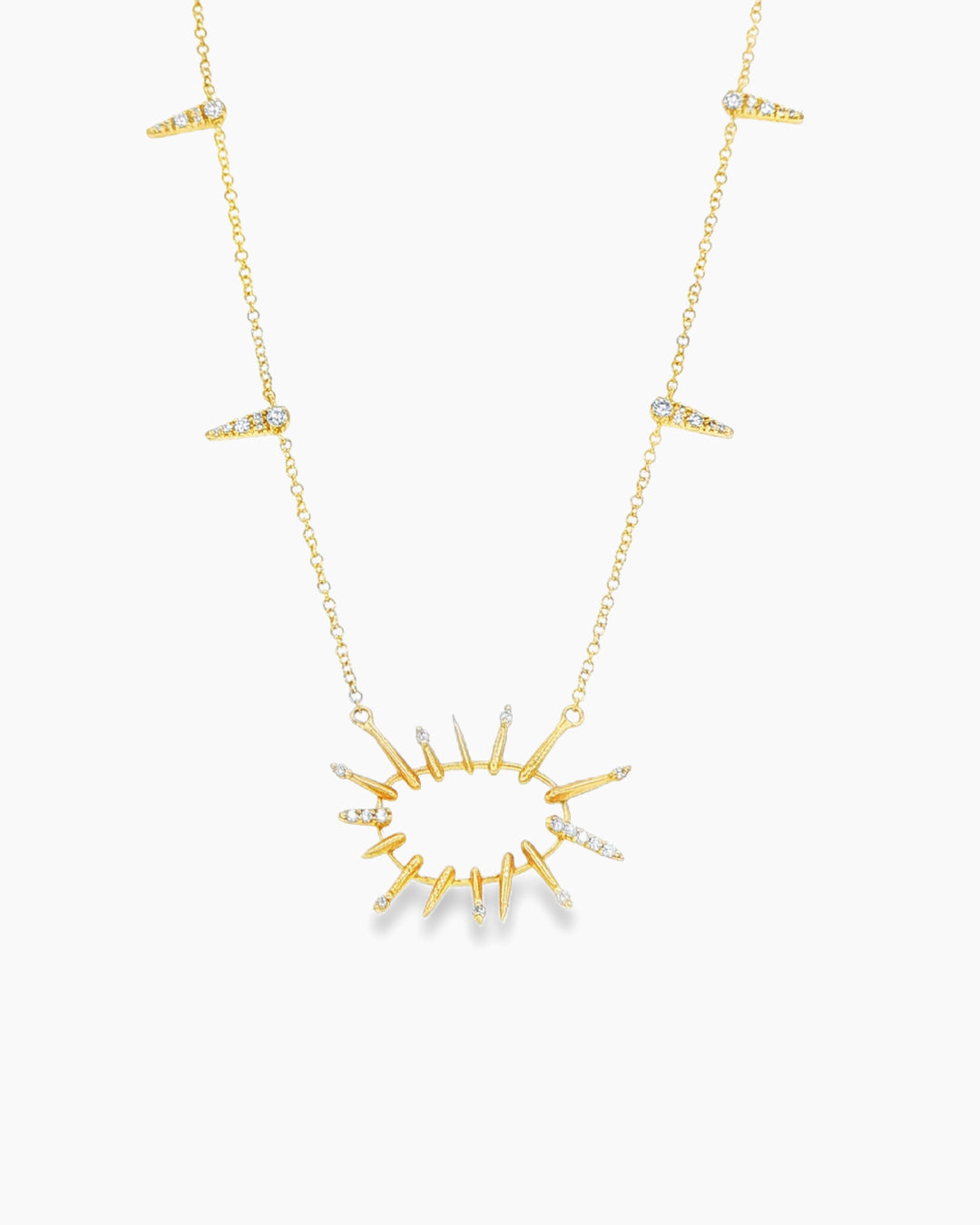 Yellow Gold Diamond Scribble Sunburst Pendant Chain Necklace