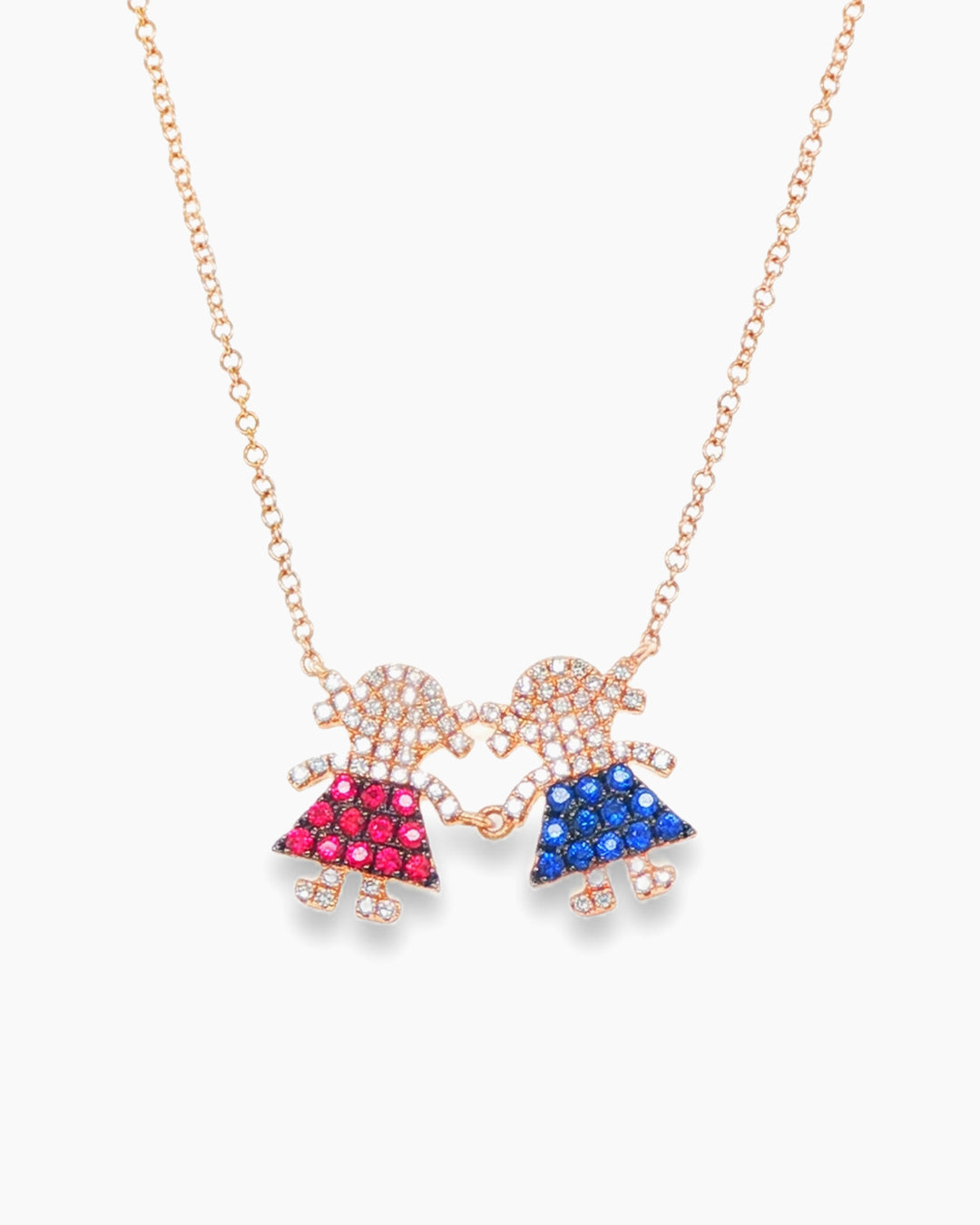 Rose Gold Blue Sapphire, Ruby and Diamond Double Girl Kid Pendant Chain Necklace