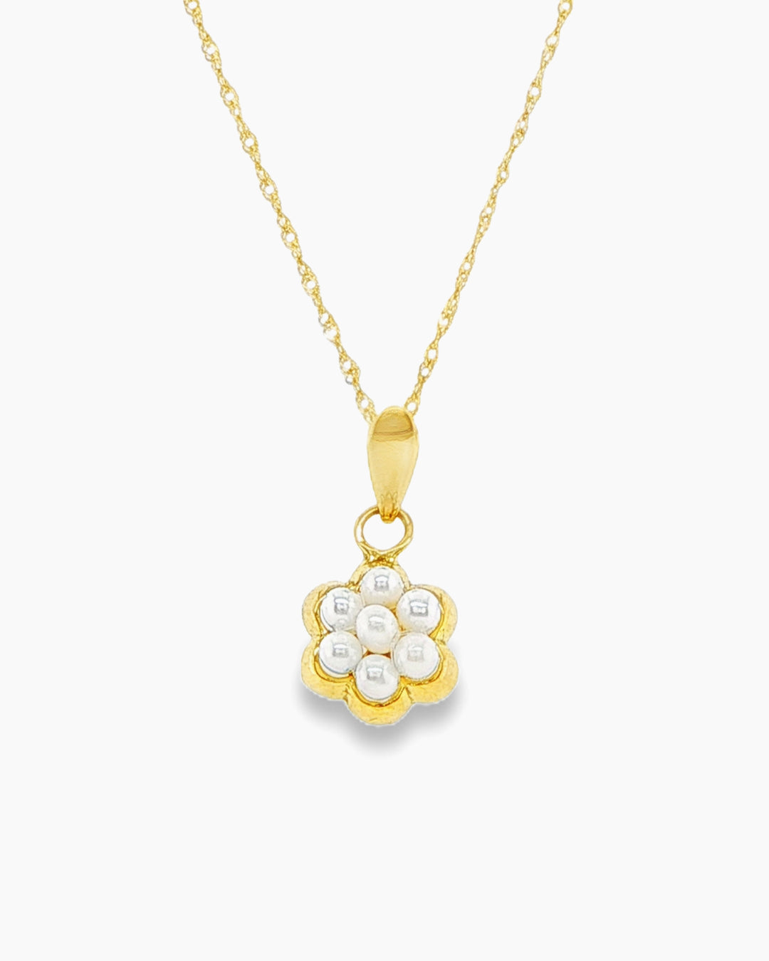 Yellow Gold Pearl Flower Pendant Chain Necklace