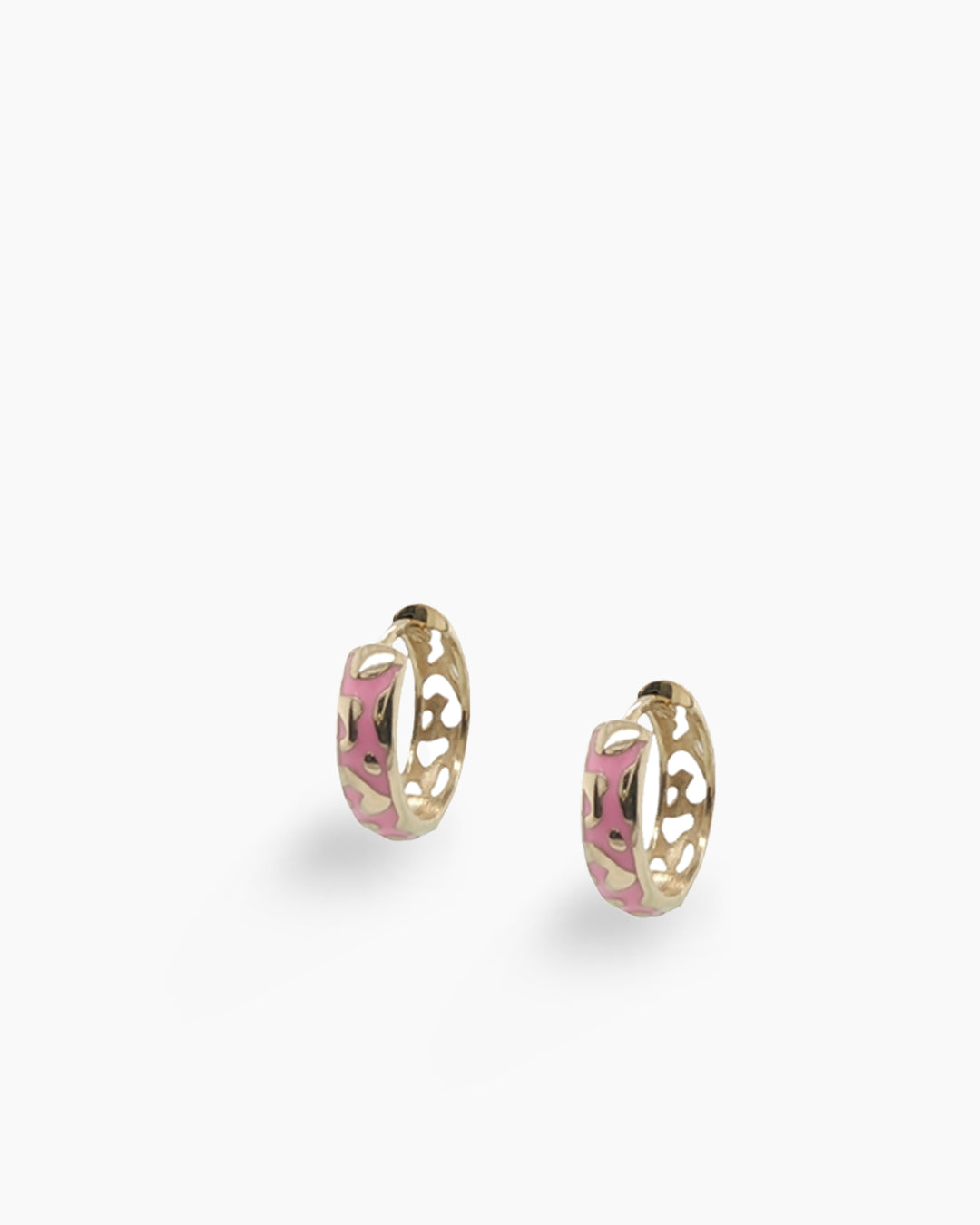 Yellow Gold and Pink Enamel Huggie Hoop Earrings