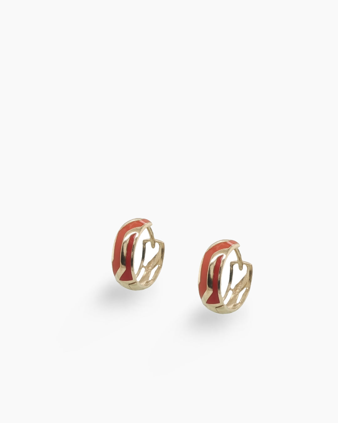 Yellow Gold Orange and Red Enamel Huggie Hoop Earrings