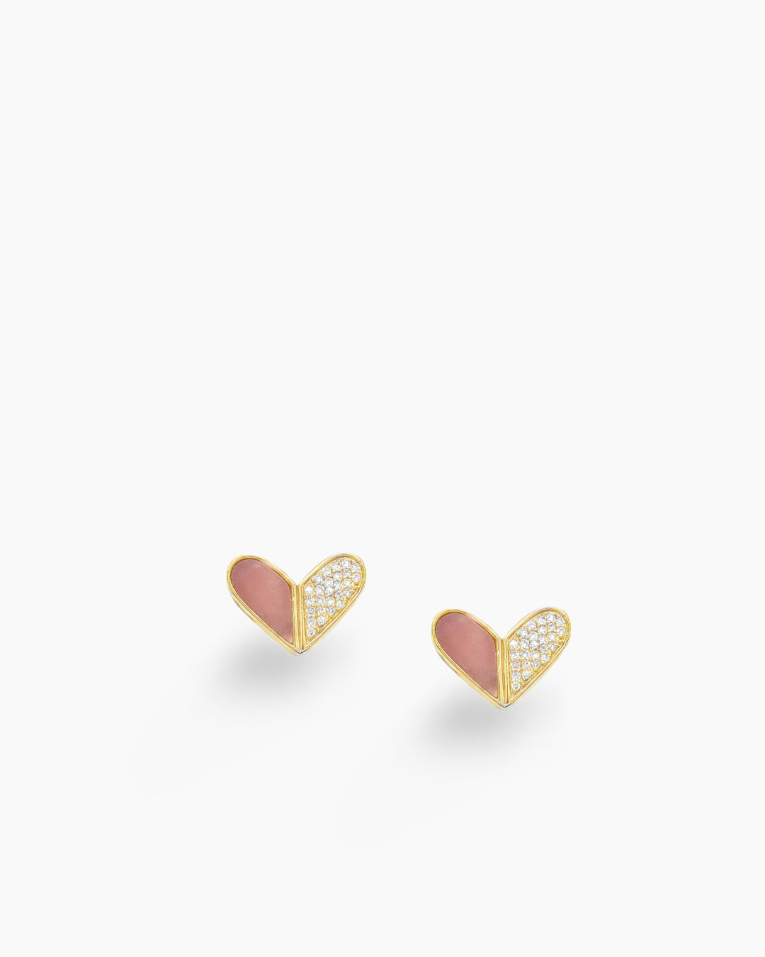 Yellow Gold Diamond and Pink Enamel Heart Stud Earrings