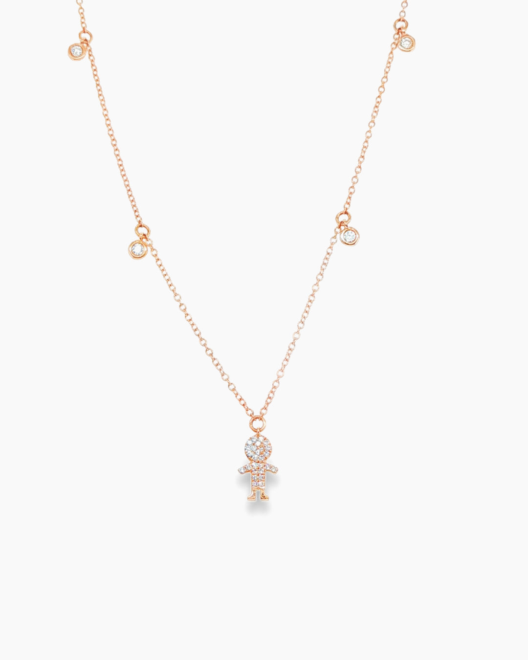 Rose Gold Diamond Pave Boy Charm with Diamond Bezel Pendant Chain Necklace